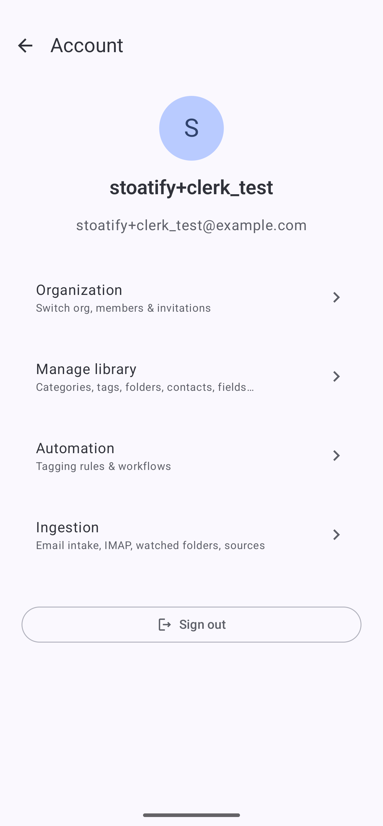The account screen in the Stoatify app, showing the signed-in account, organization access, and a sign-out button