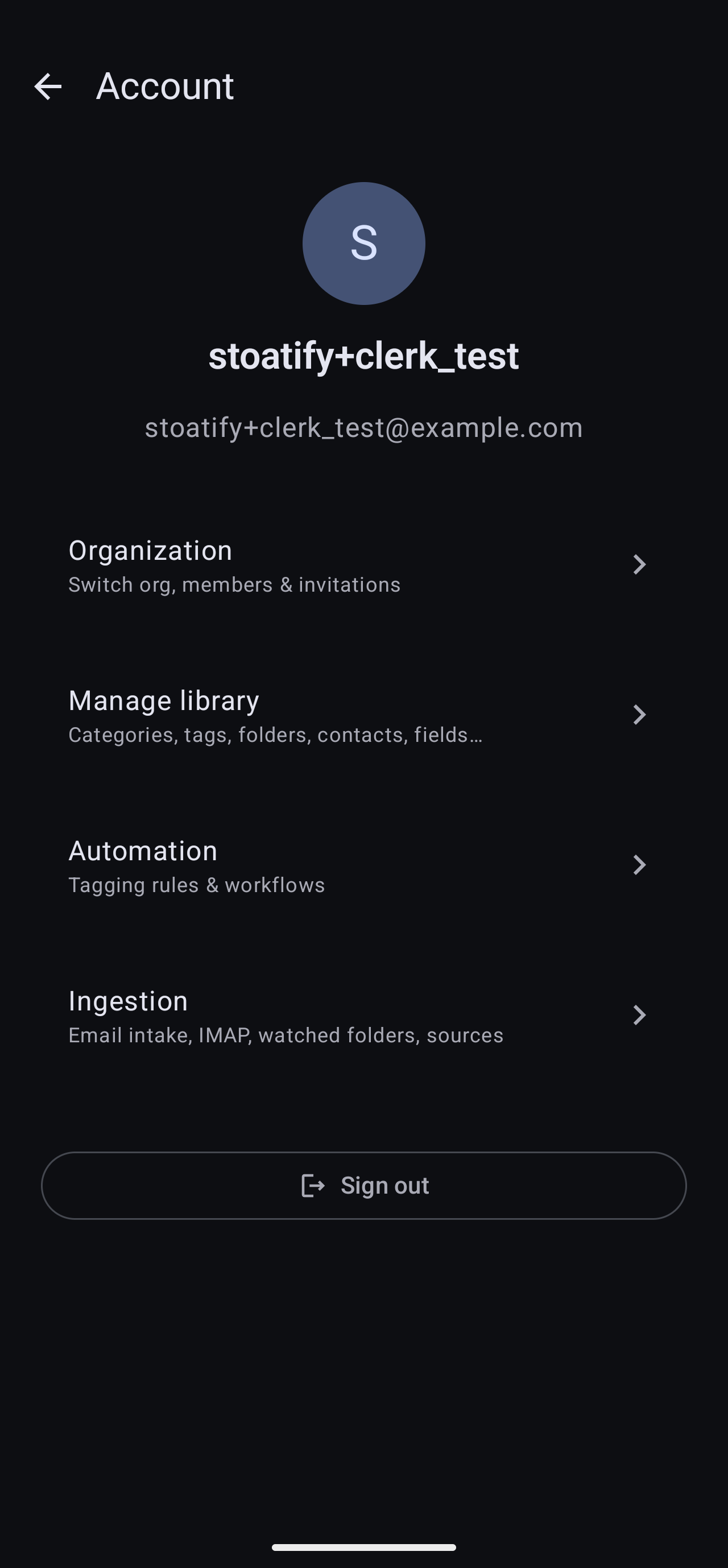 The account screen in the Stoatify app, showing the signed-in account, organization access, and a sign-out button