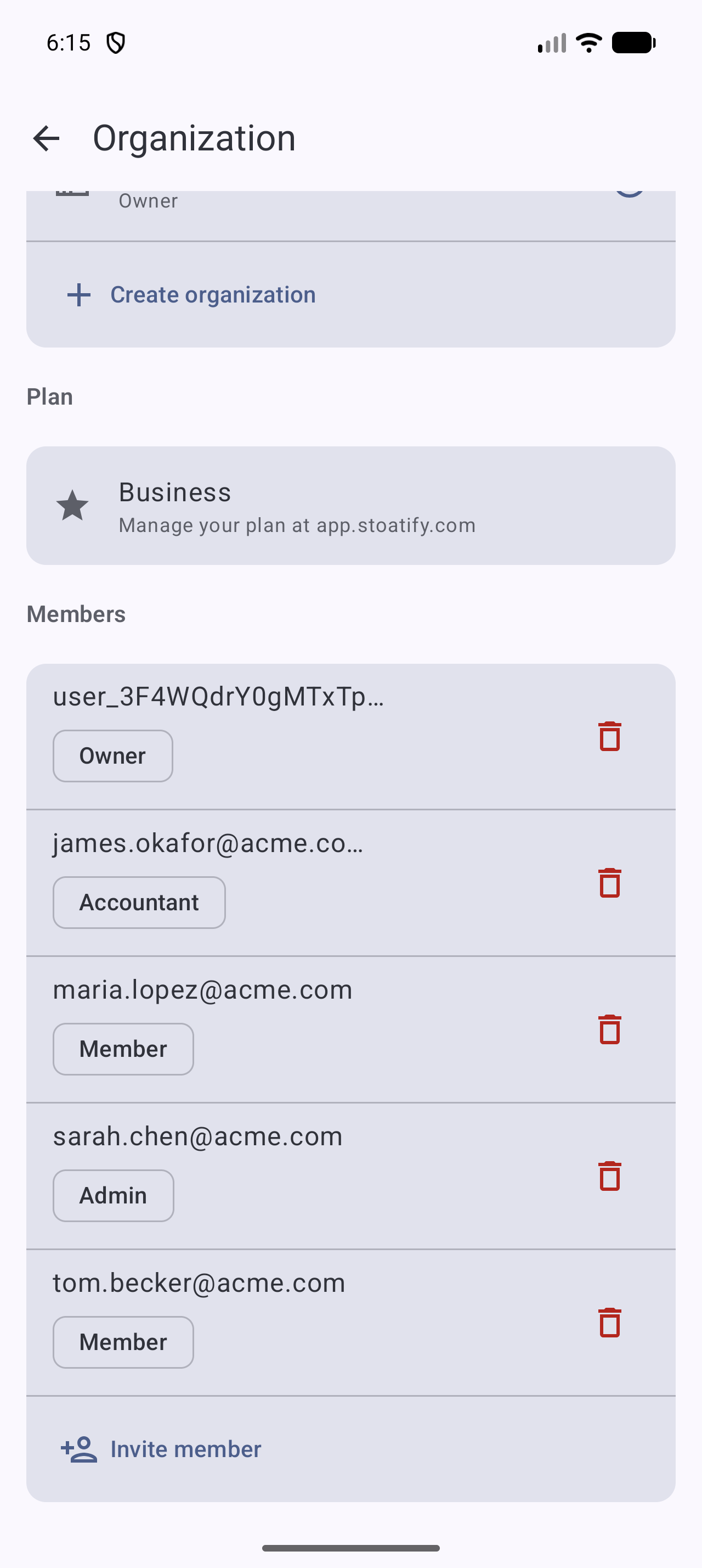 The Organization screen in the Stoatify app: a personal vault plus Household and Acme Inc teams, with a Create organization button and the current members