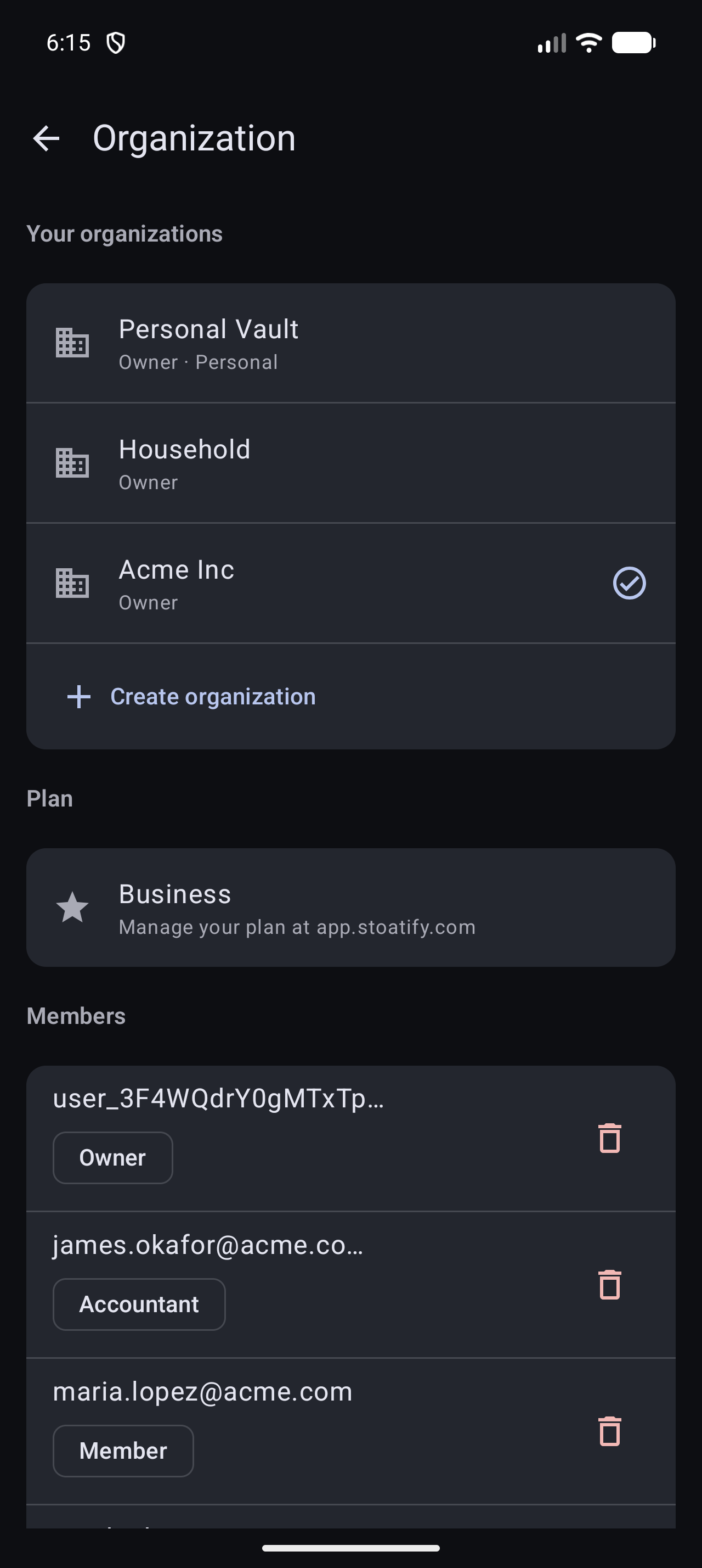 The Organization screen in the Stoatify app: a personal vault plus Household and Acme Inc teams, with a Create organization button and the current members