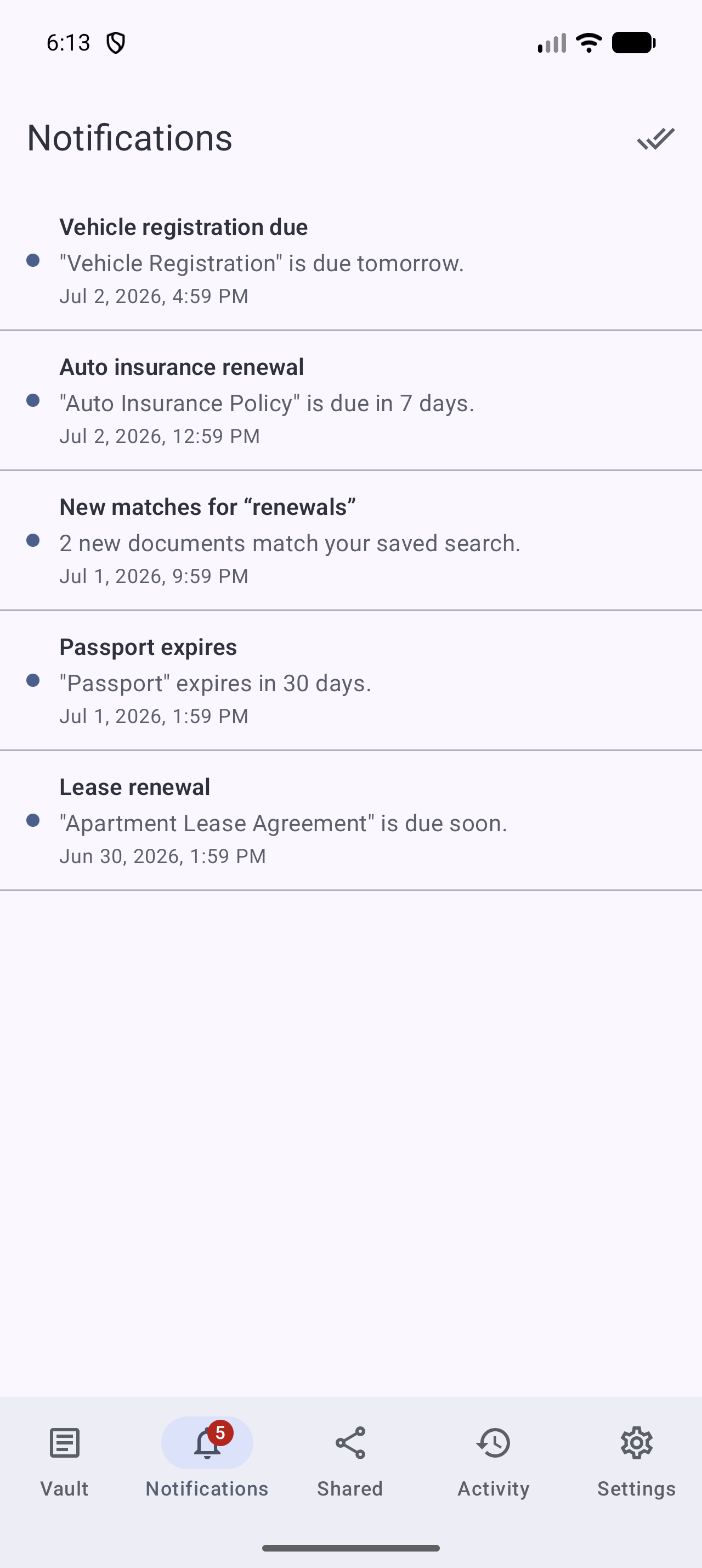 The notification inbox in the Stoatify Android app with the same reminders and digest