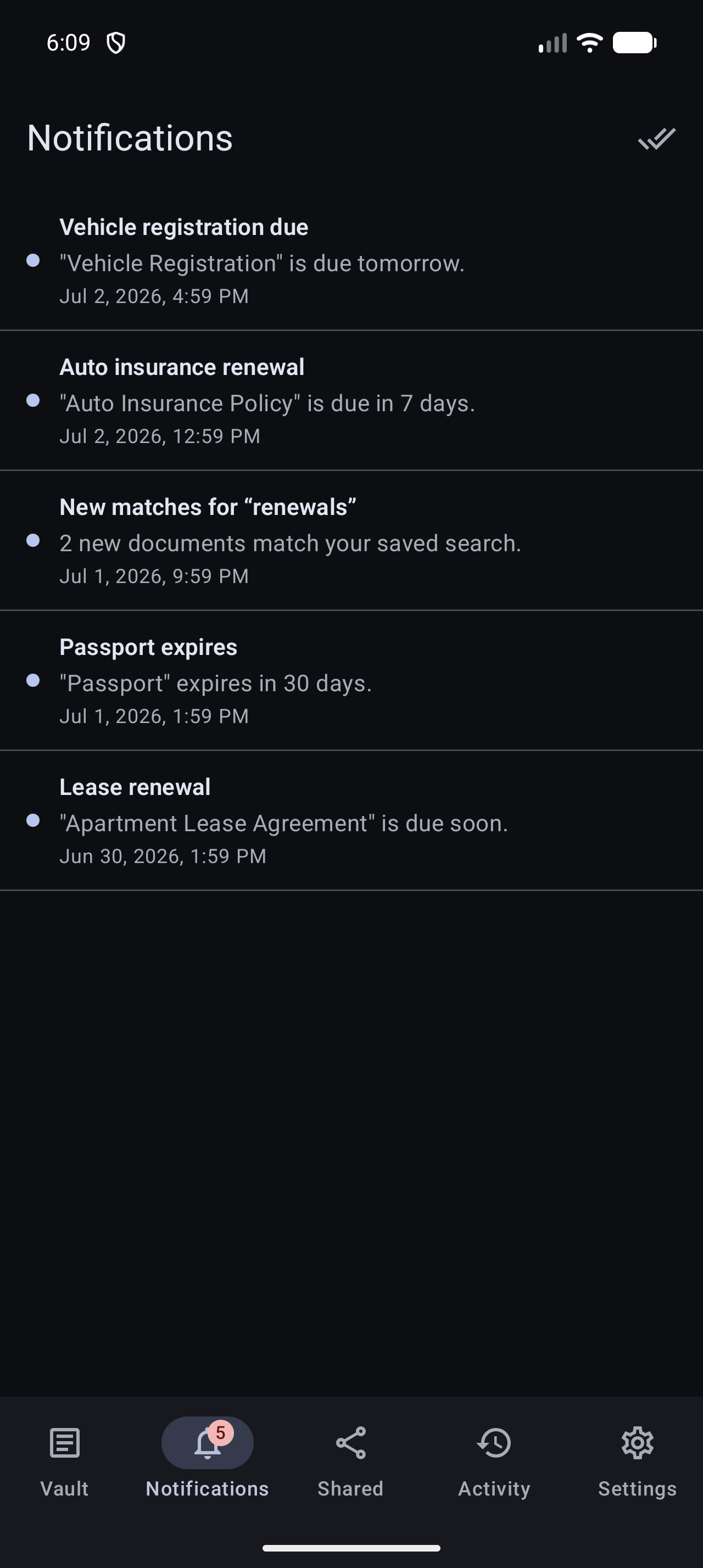 The notification inbox in the Stoatify Android app with the same reminders and digest