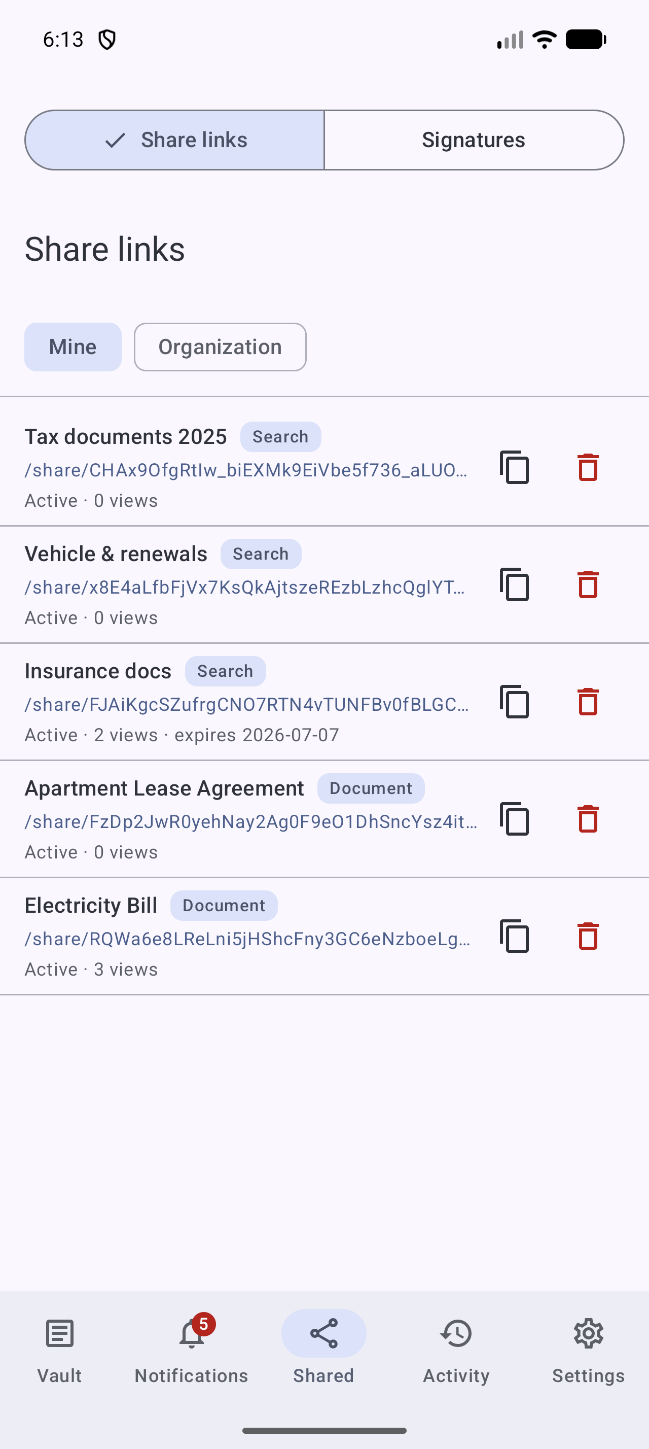 The share links registry in the Stoatify Android app with the same links