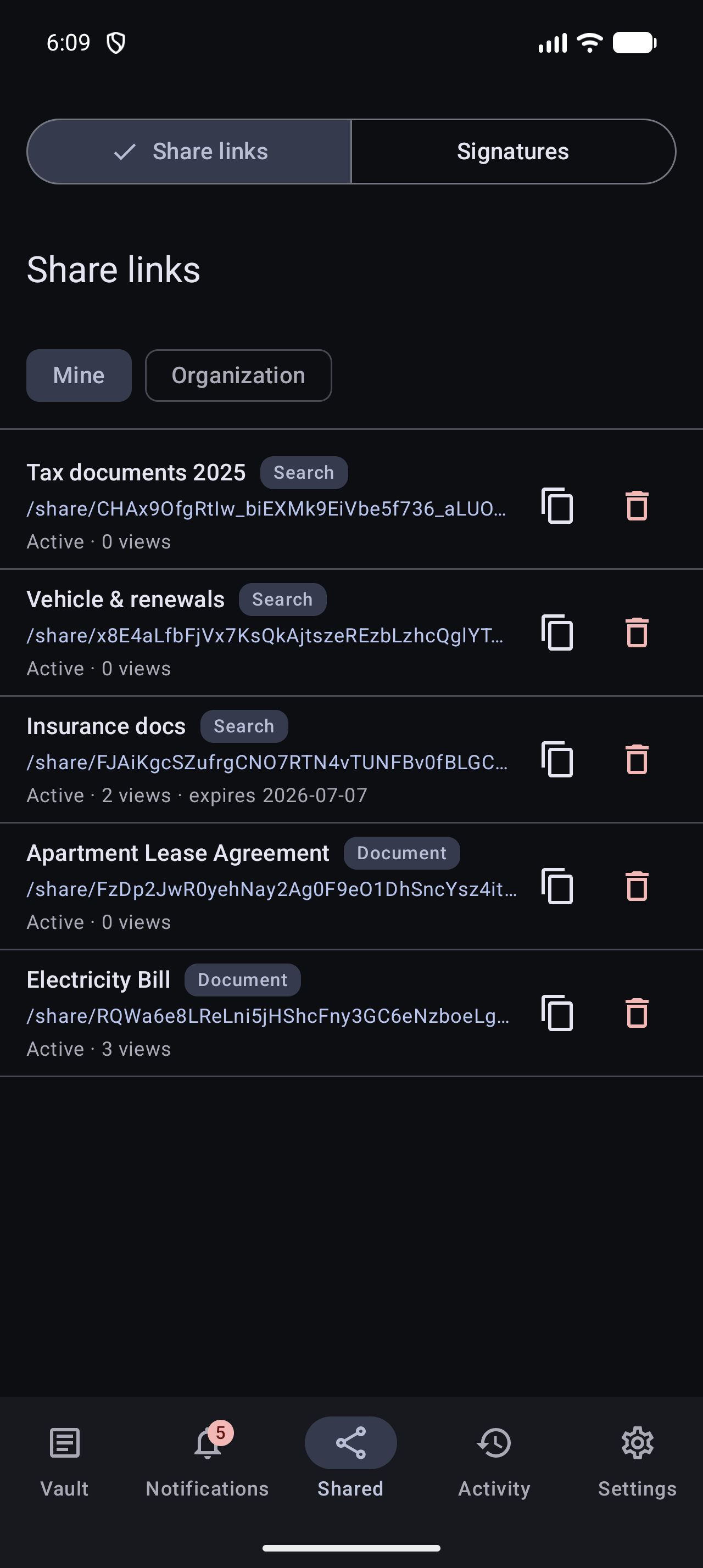 The share links registry in the Stoatify Android app with the same links