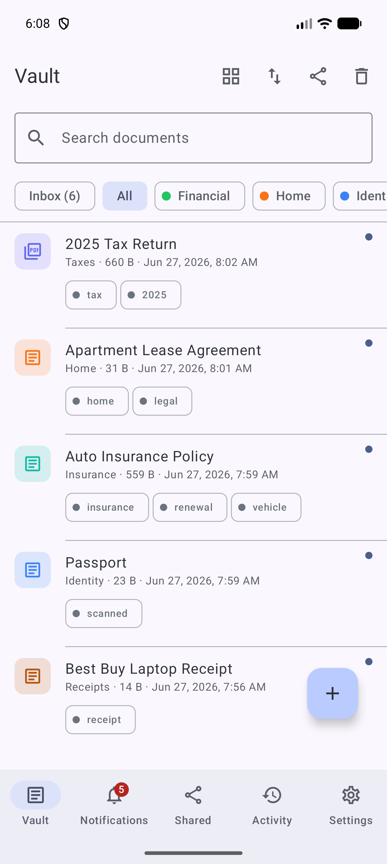 The document vault in the Stoatify Android app with the same documents and filters
