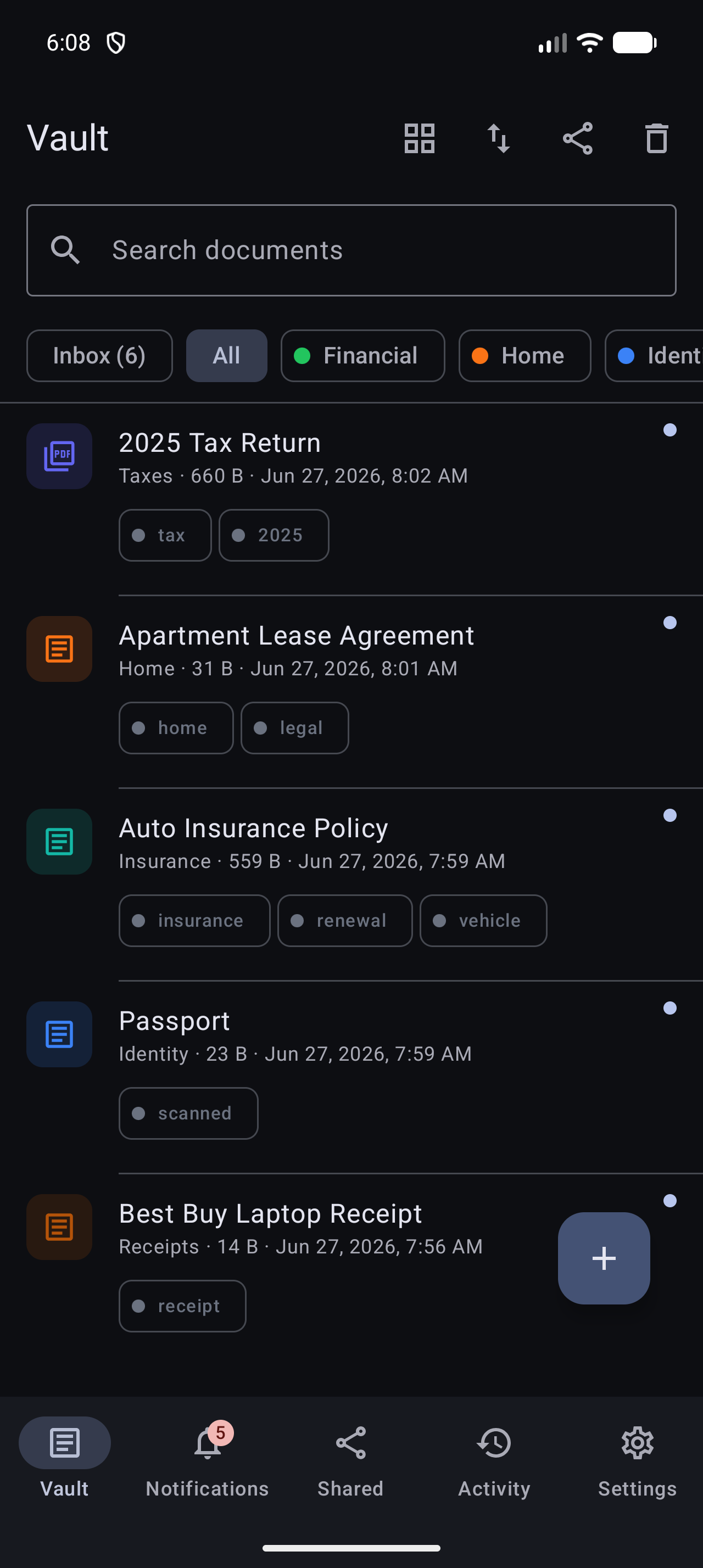 The document vault in the Stoatify Android app with the same documents and filters