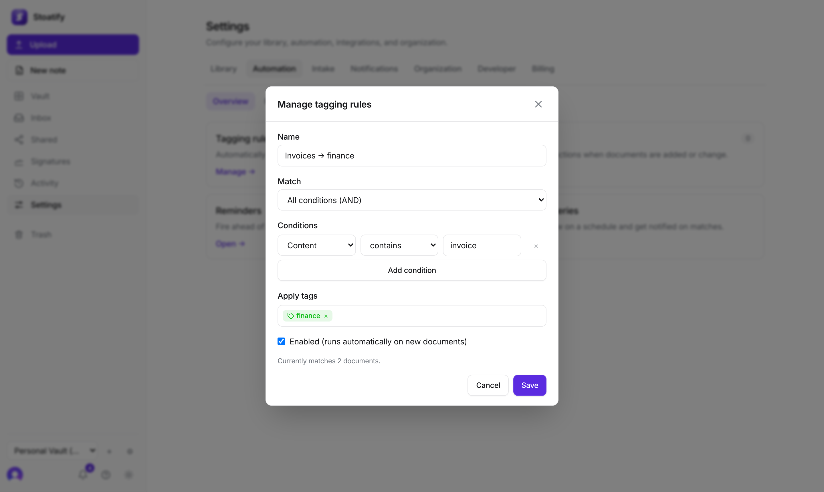 The rule editor in Stoatify: match content that contains 'invoice', apply the 'finance' tag, enabled, with a live count of matching documents