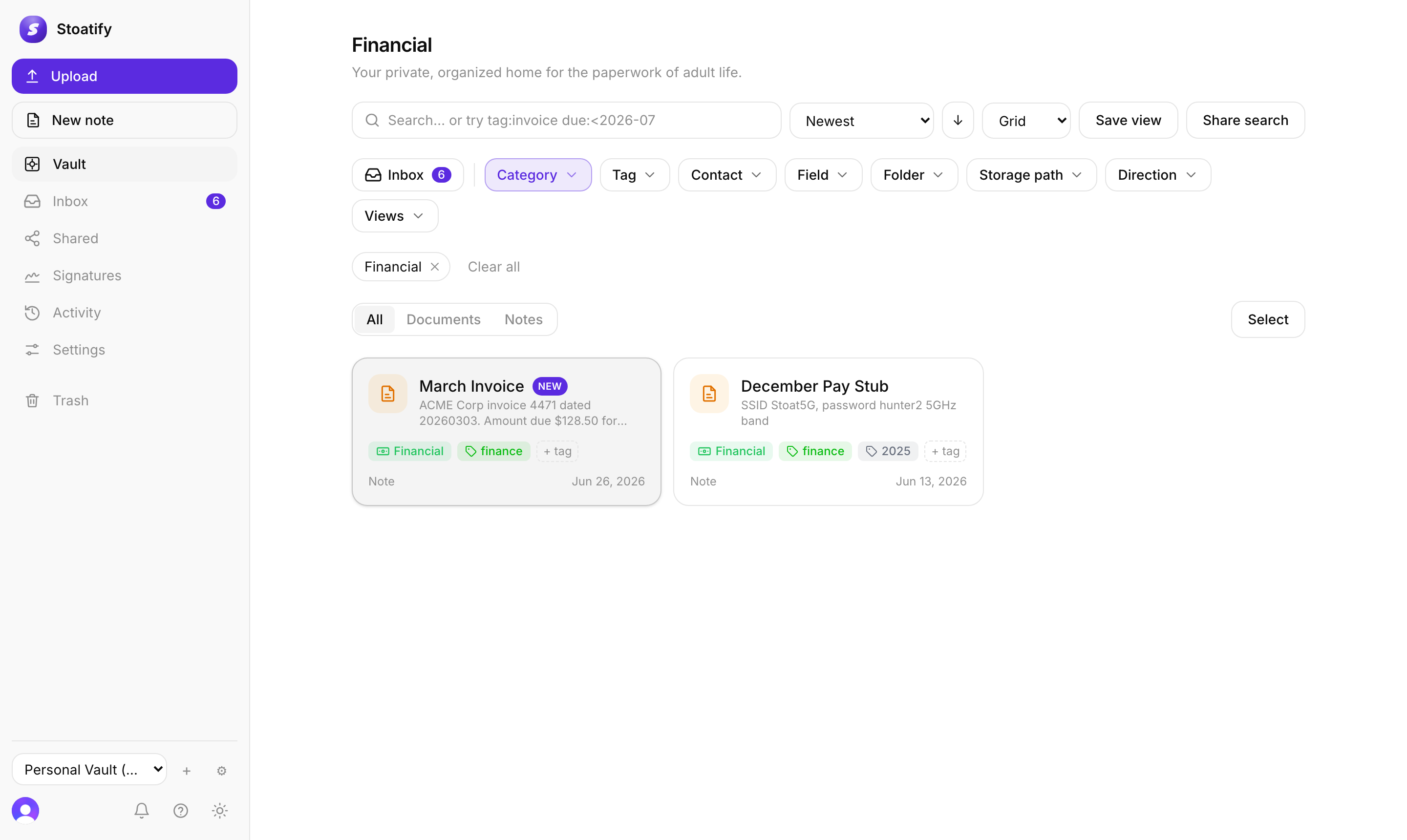 The Stoatify vault with the filter bar across the top and a grid of document cards below