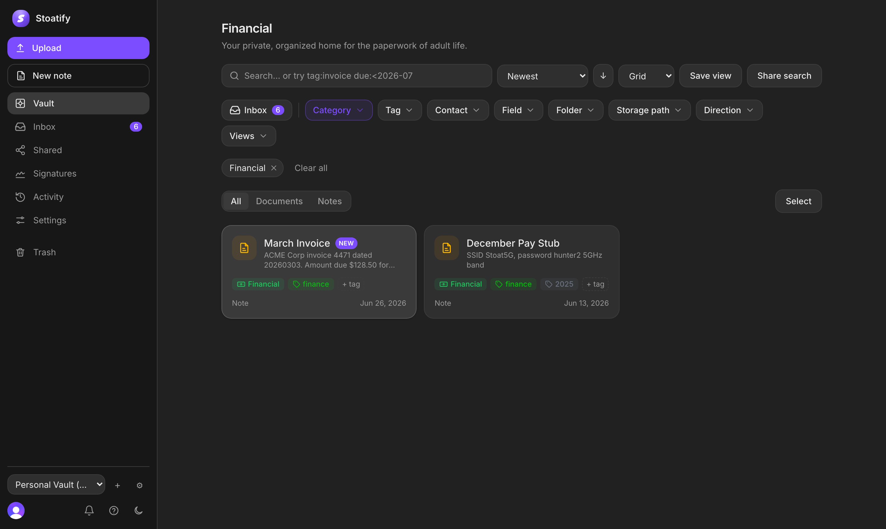 The Stoatify vault with the filter bar across the top and a grid of document cards below