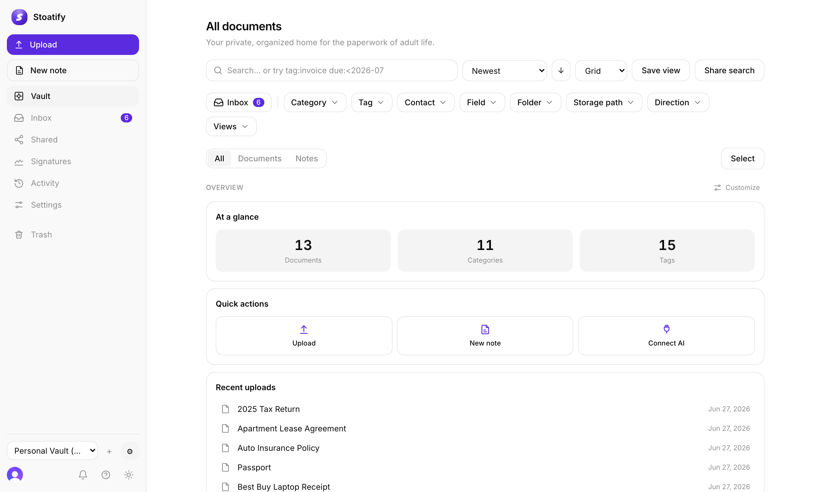 The Stoatify vault, documents grouped into categories with tags and a search bar