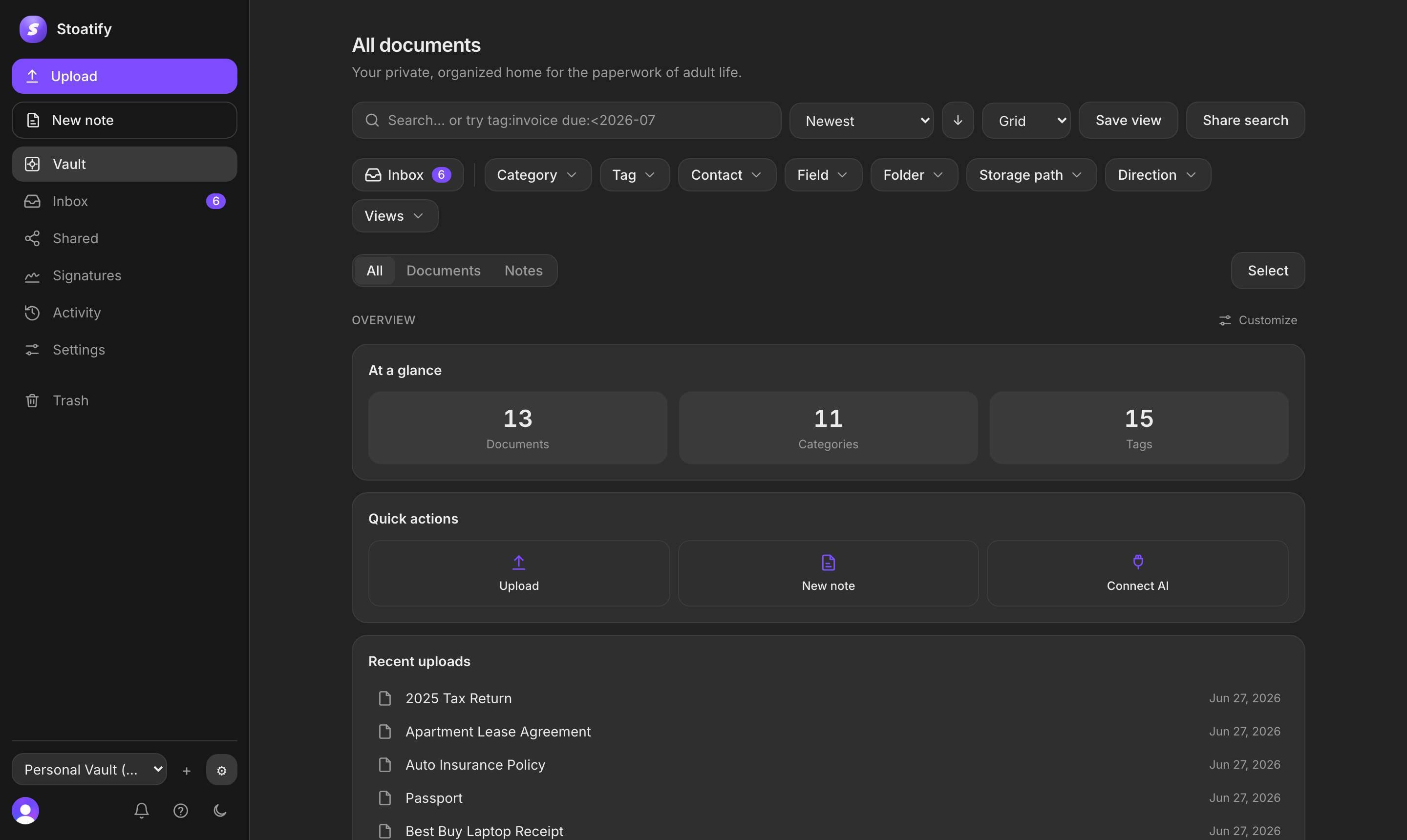 The Stoatify vault, documents grouped into categories with tags and a search bar