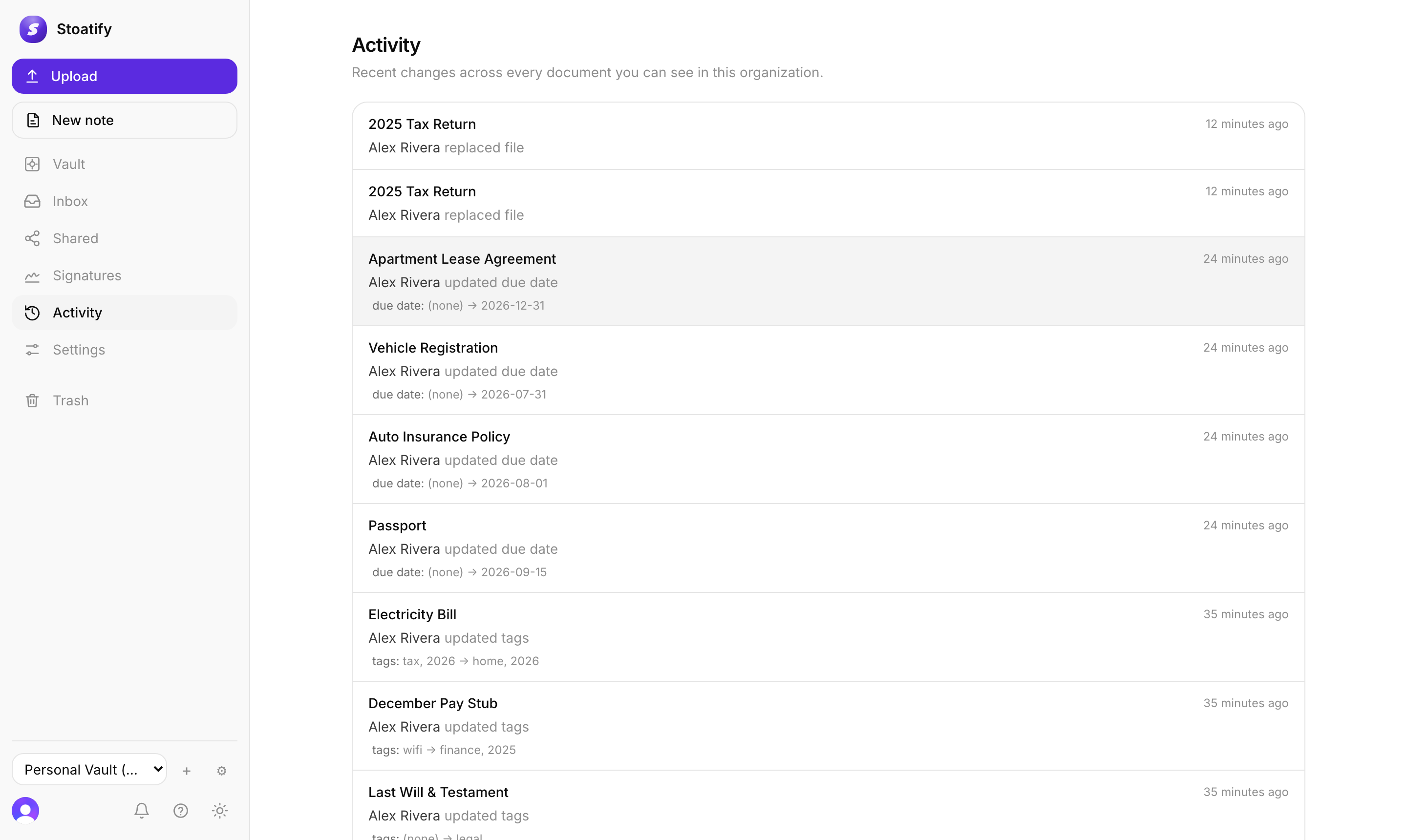 The activity feed in Stoatify listing recent document changes, each showing who made the change, what changed with a before and after, and how long ago