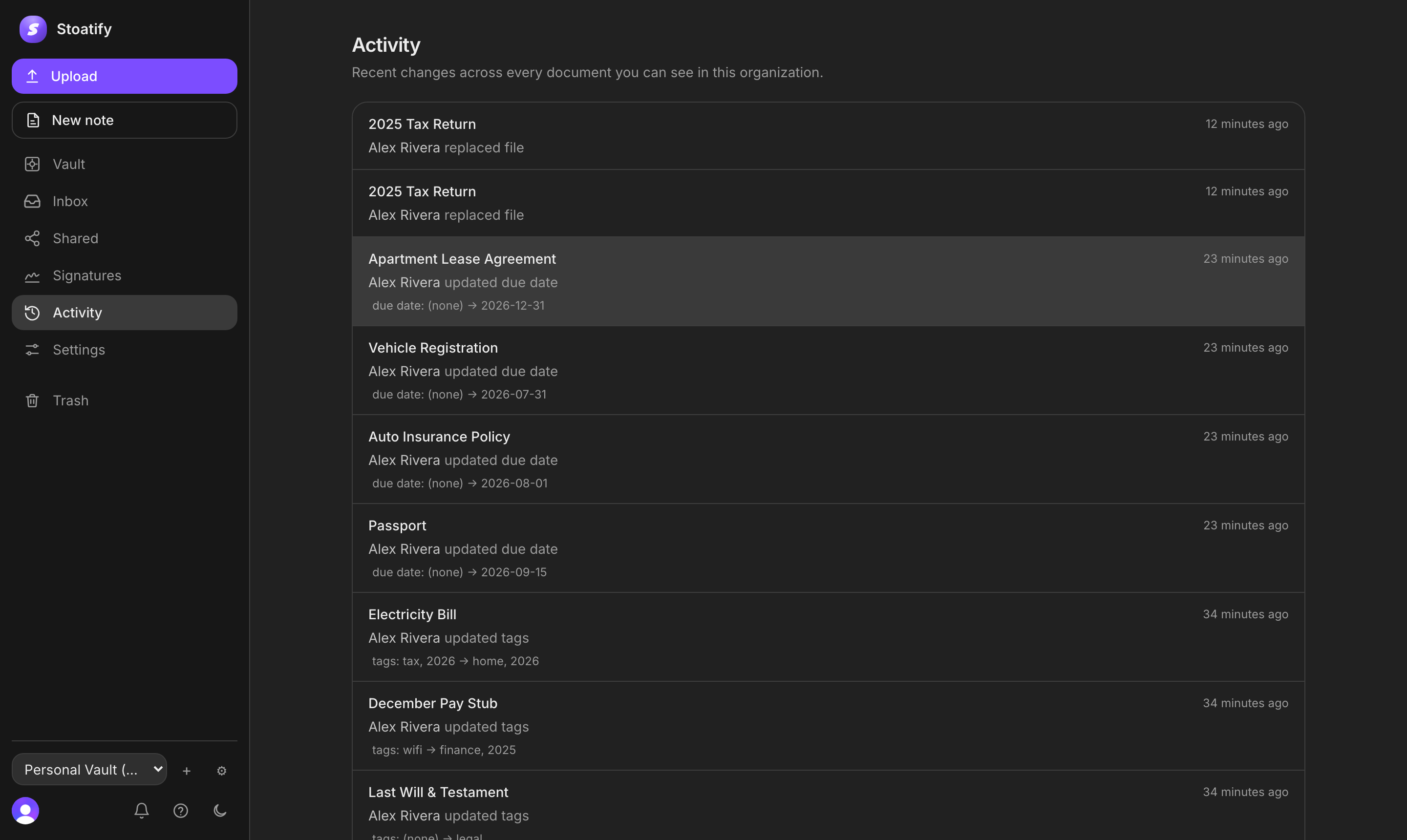 The activity feed in Stoatify listing recent document changes, each showing who made the change, what changed with a before and after, and how long ago