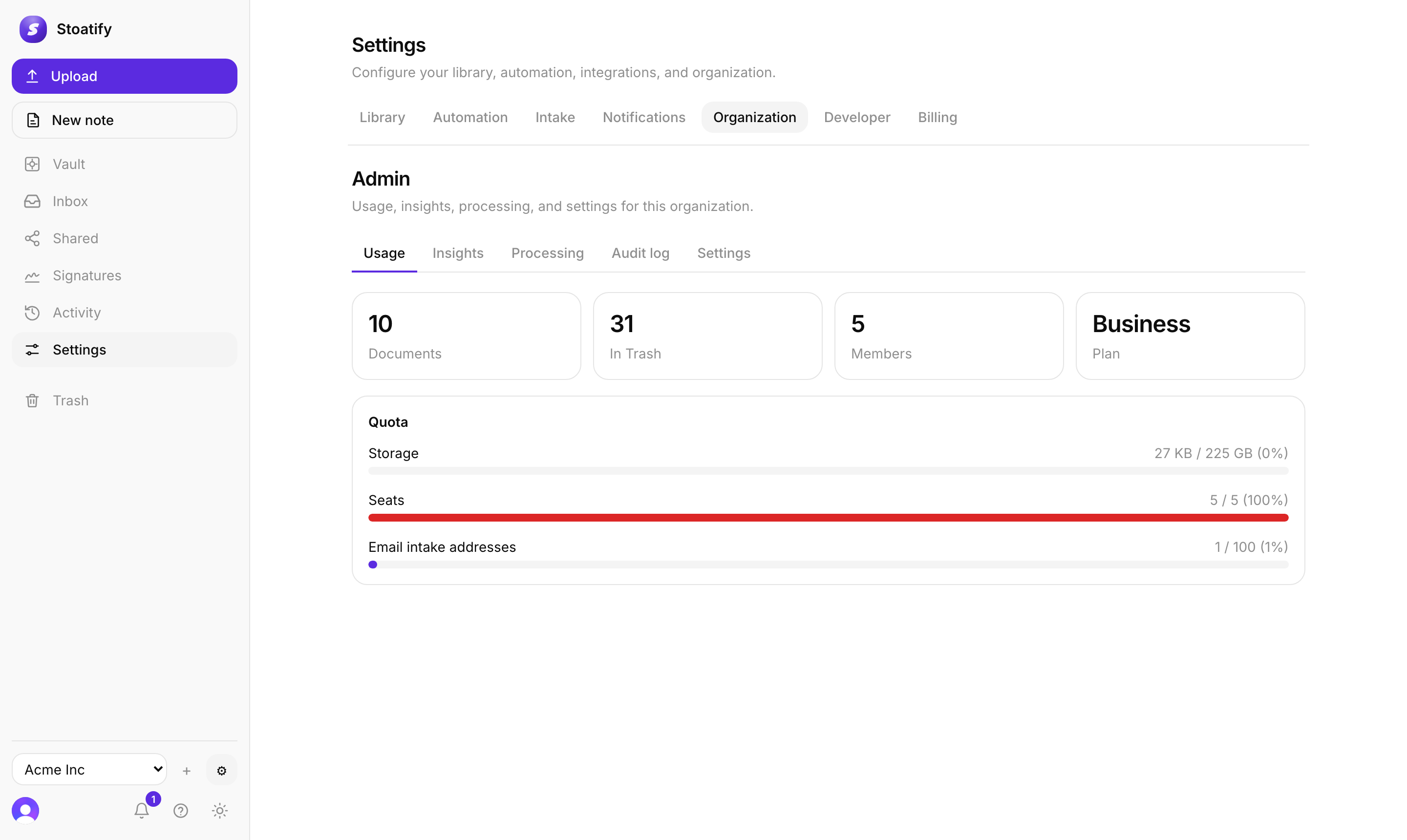 The organization Admin area in Stoatify with Usage, Insights, Processing, Audit log, and Settings tabs, showing document counts, member and seat usage, and storage quota