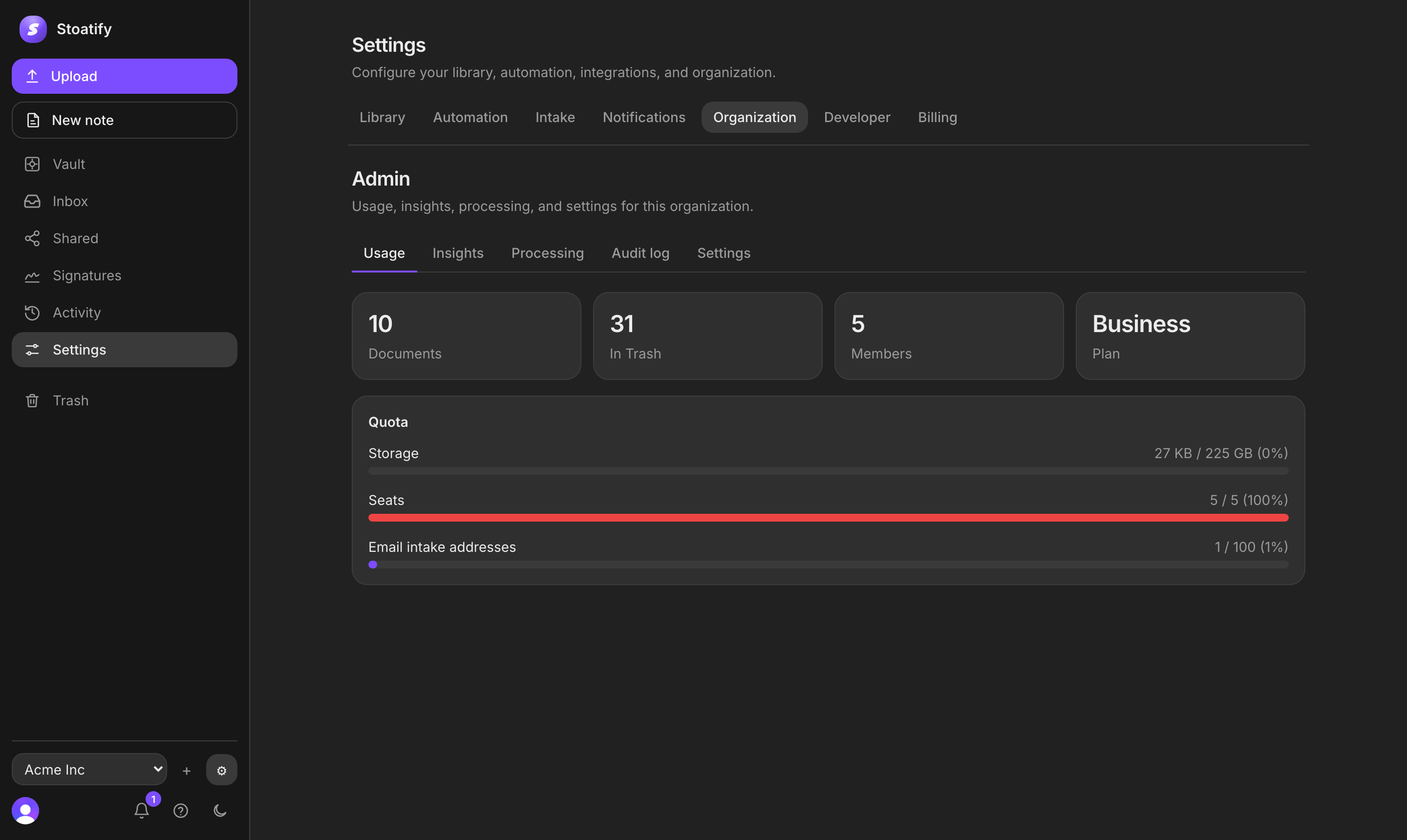 The organization Admin area in Stoatify with Usage, Insights, Processing, Audit log, and Settings tabs, showing document counts, member and seat usage, and storage quota