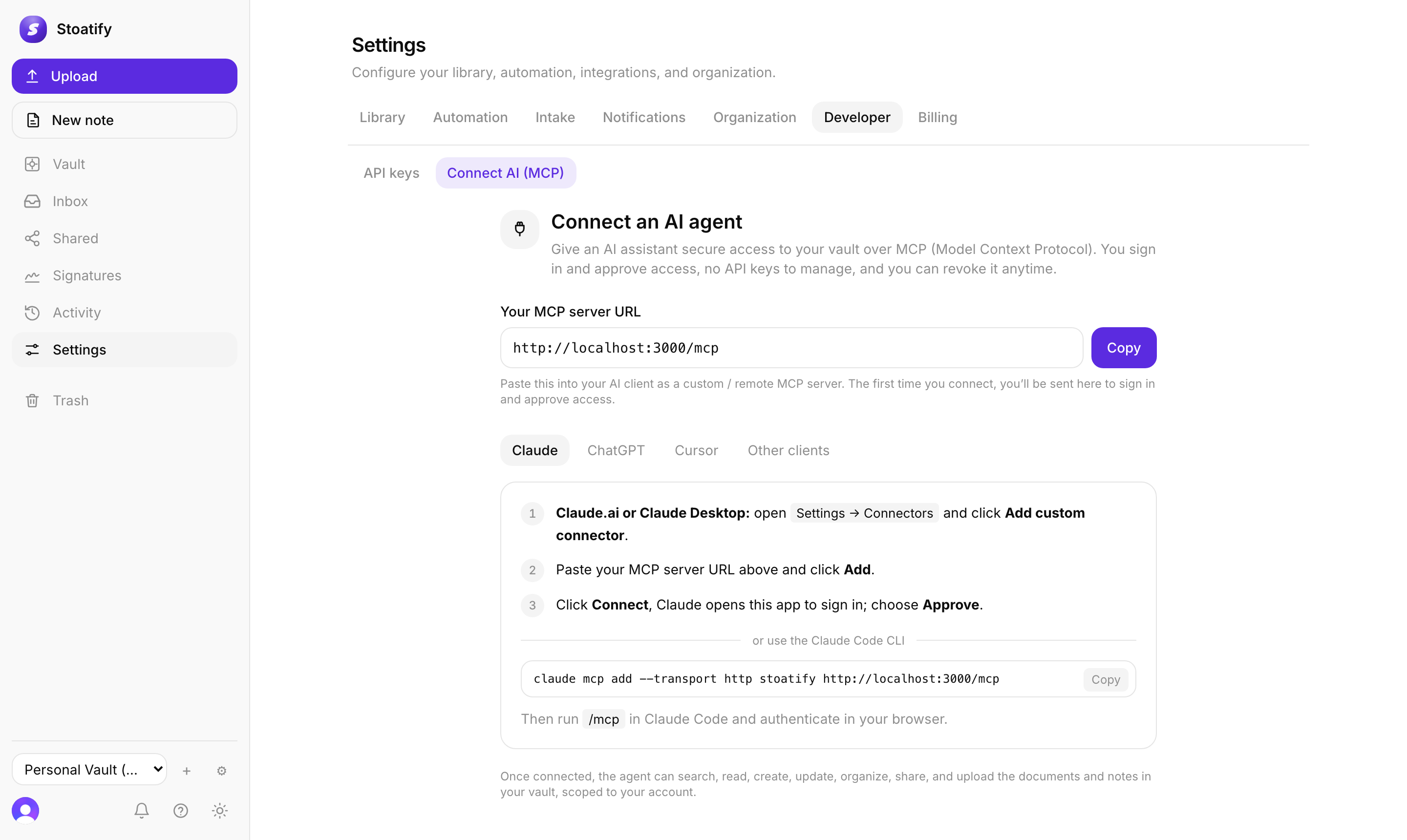 The Connect AI screen in Stoatify: an MCP server URL with a copy button, client tabs for Claude, ChatGPT, and Cursor, and setup steps