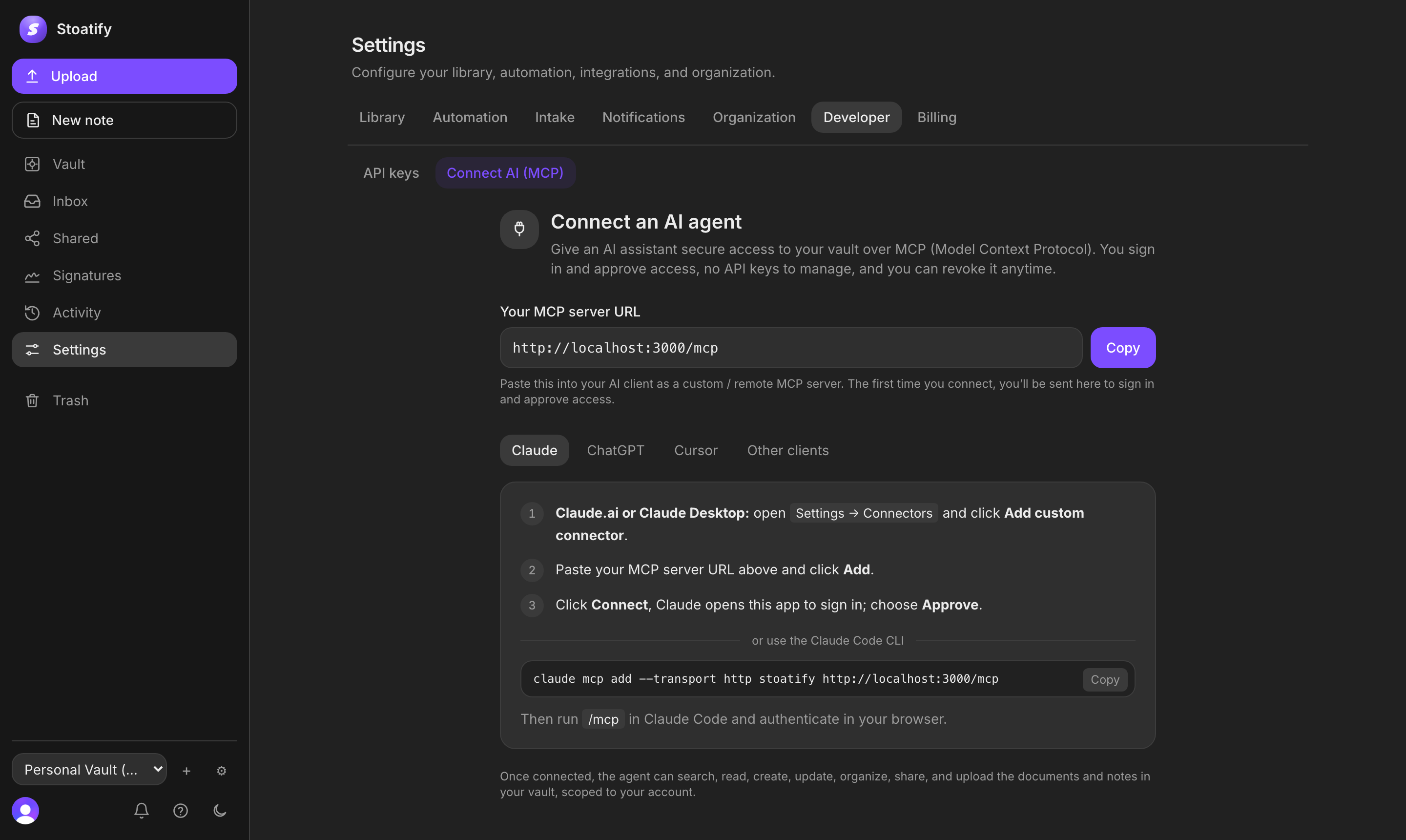 The Connect AI screen in Stoatify: an MCP server URL with a copy button, client tabs for Claude, ChatGPT, and Cursor, and setup steps