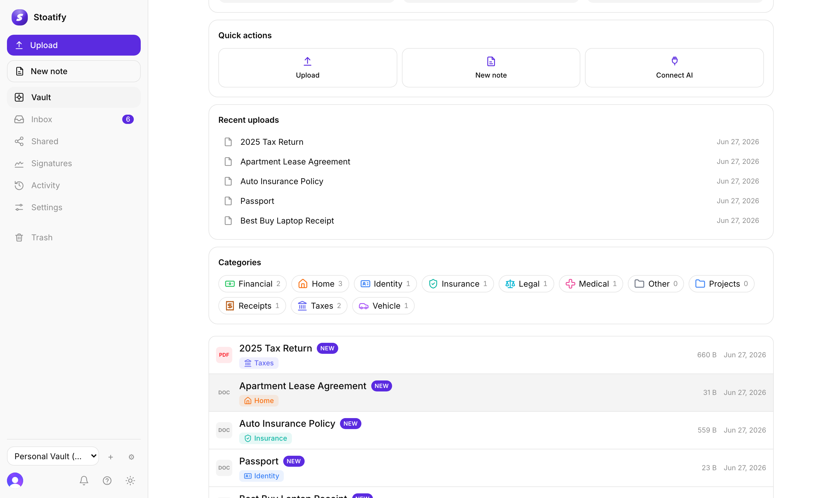 The Stoatify web app home: quick actions to upload or connect AI, recent uploads, category chips, and a document list