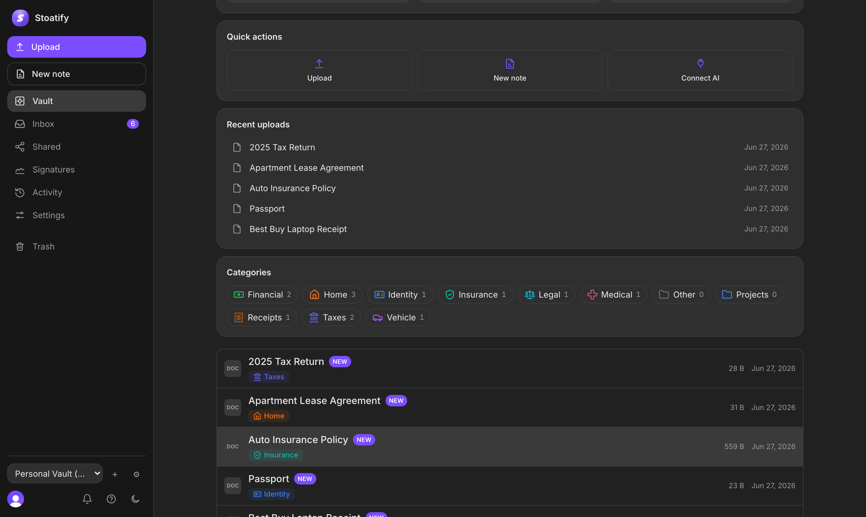 The Stoatify web app home: quick actions to upload or connect AI, recent uploads, category chips, and a document list
