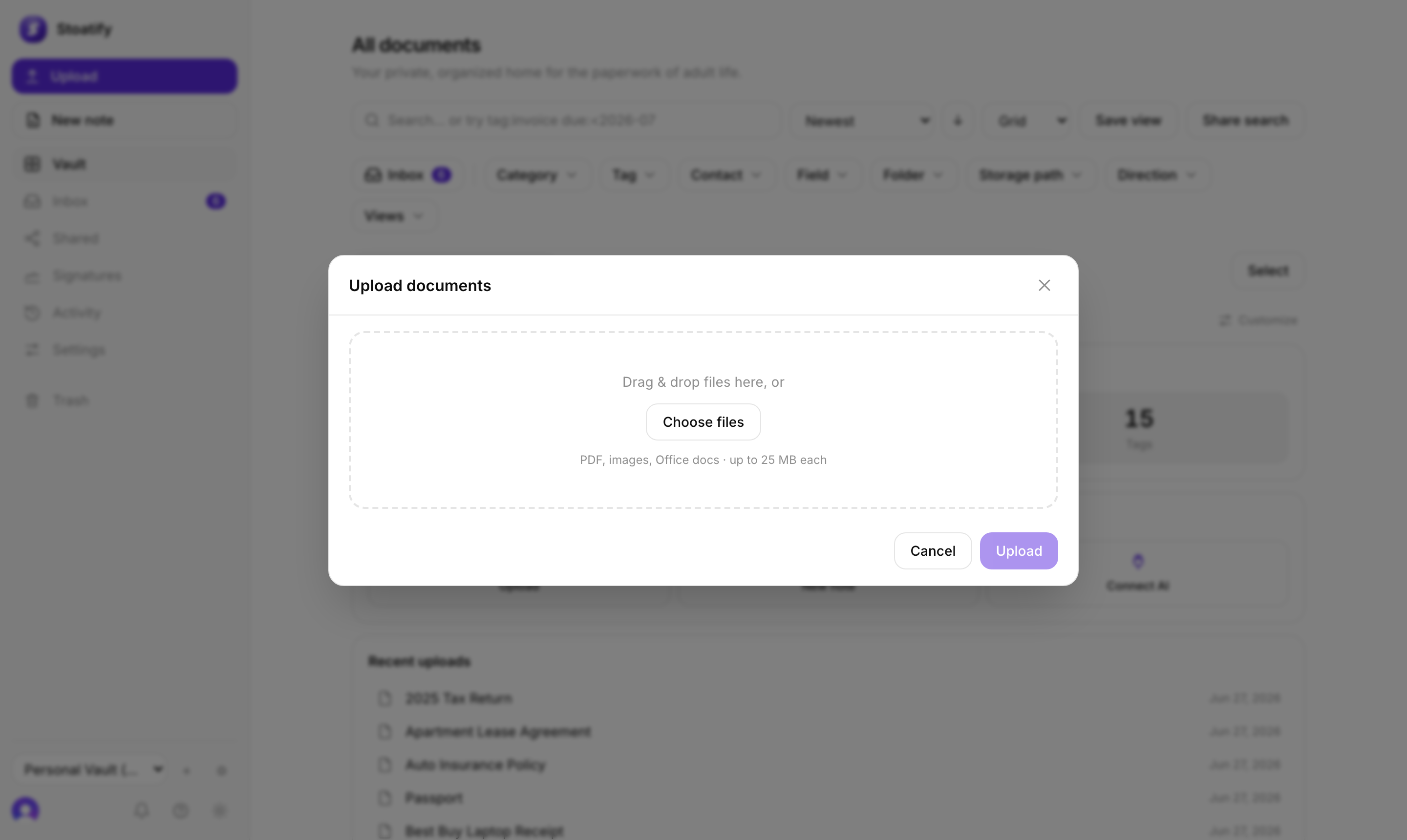 The Stoatify upload dialog with a drag-and-drop zone and a Choose files button