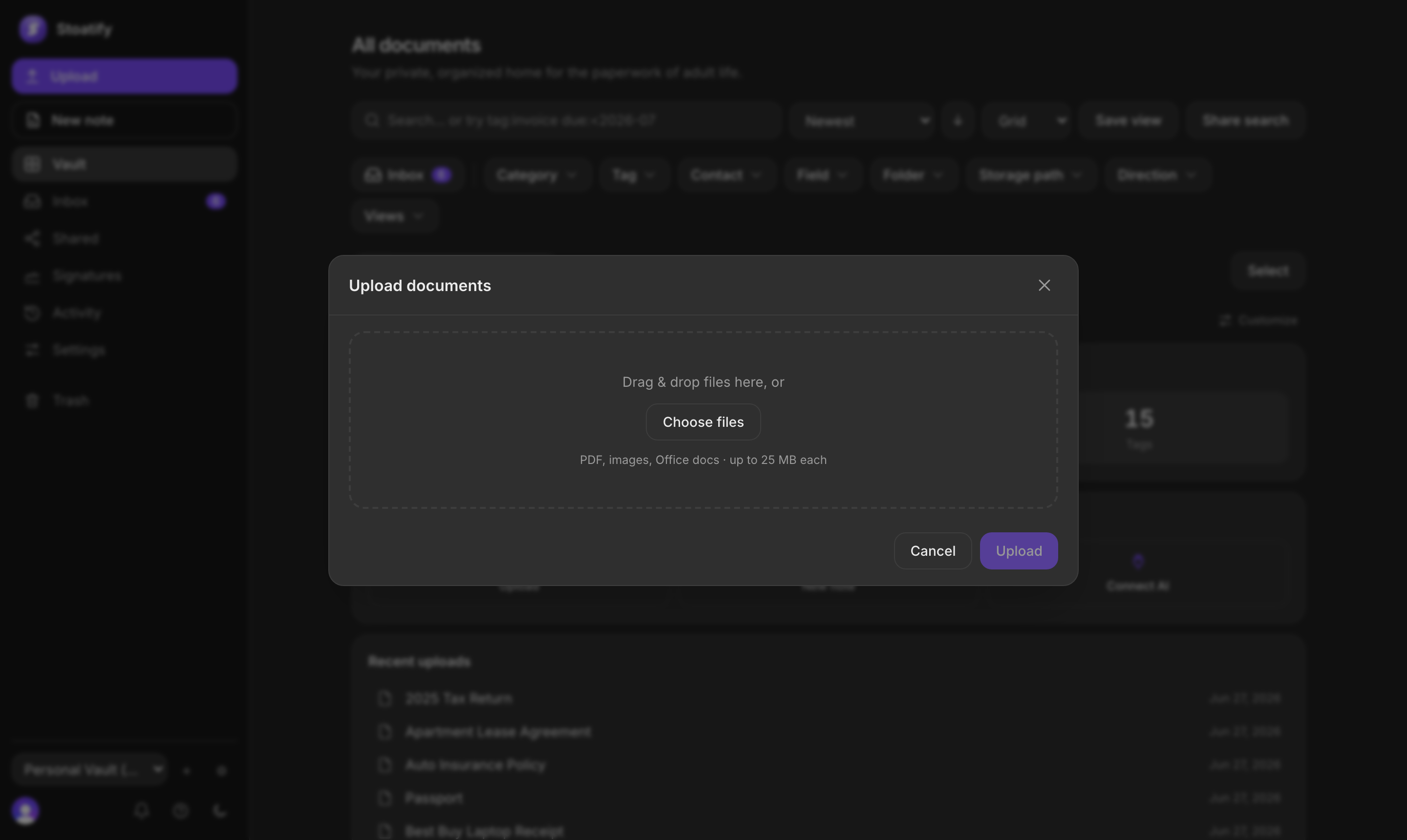 The Stoatify upload dialog with a drag-and-drop zone and a Choose files button