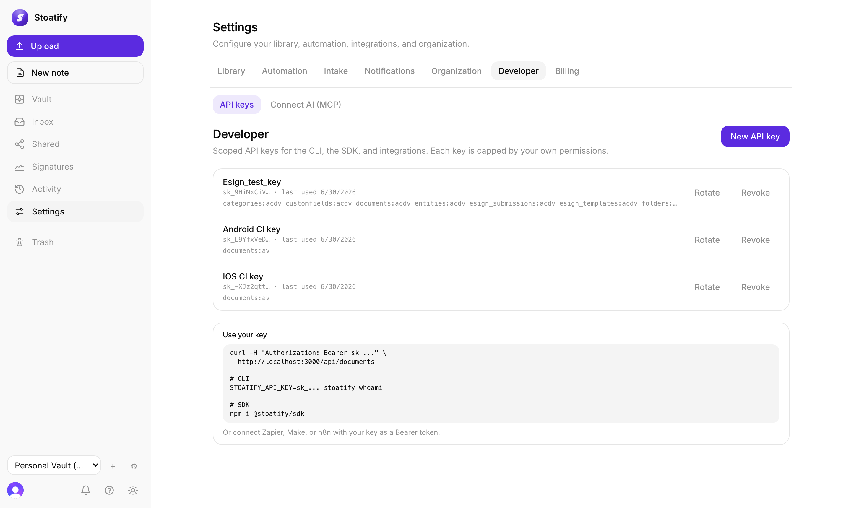The API keys screen in Stoatify: scoped keys with per-object permissions, last-used times, and Rotate and Revoke actions