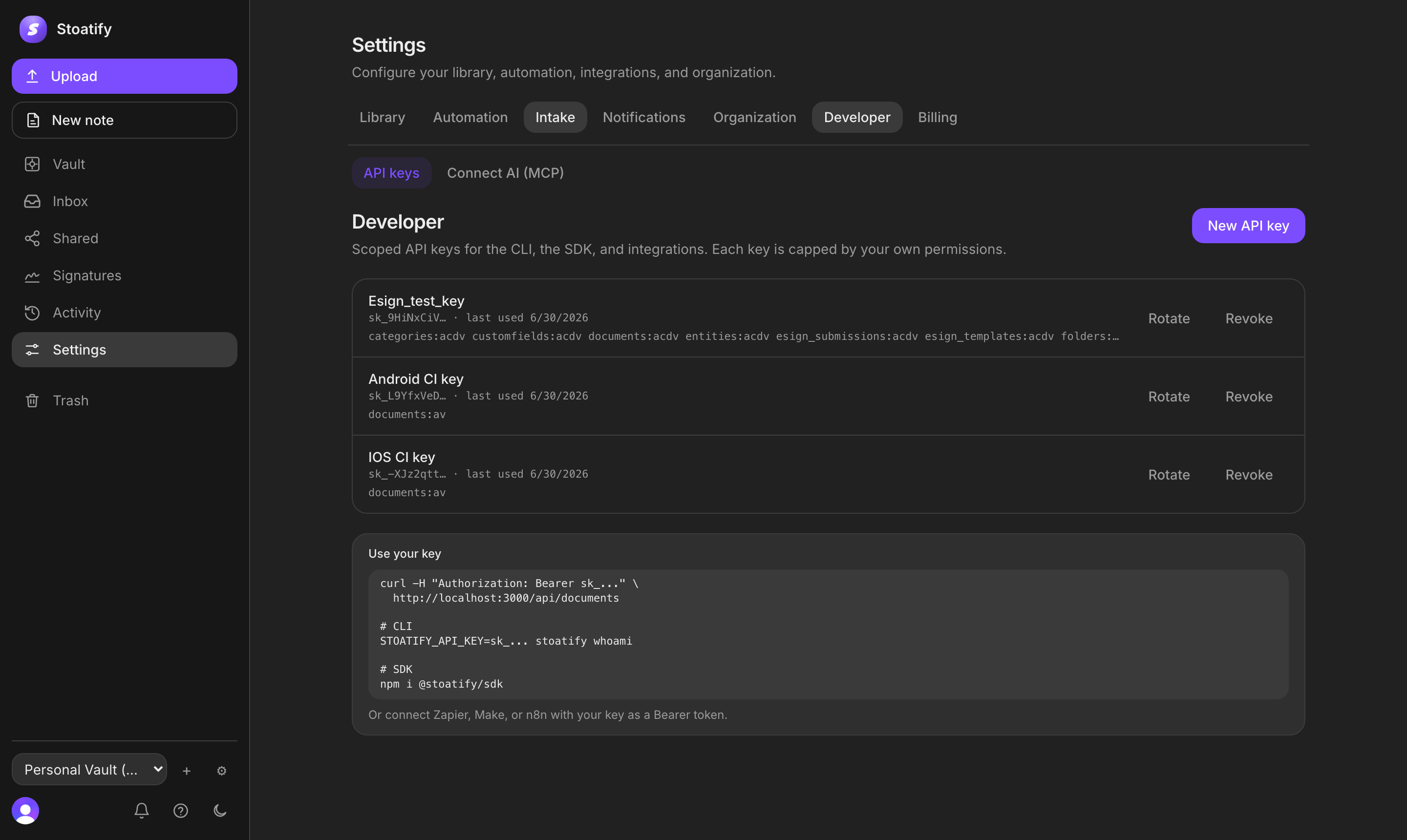 The API keys screen in Stoatify: scoped keys with per-object permissions, last-used times, and Rotate and Revoke actions