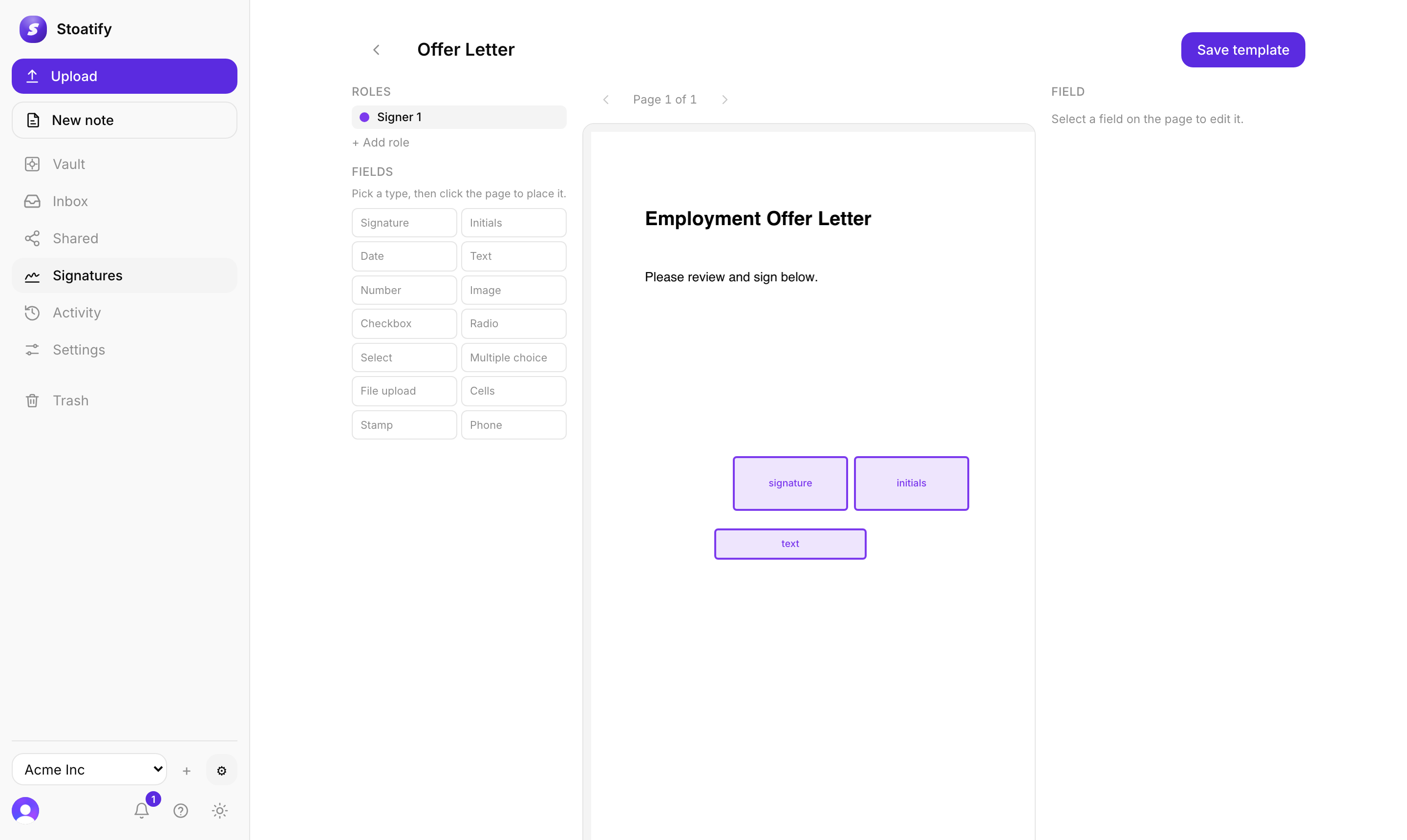 The Stoatify template builder: a roles list, a palette of field types, and a PDF page with signature, initials, and text fields placed on it