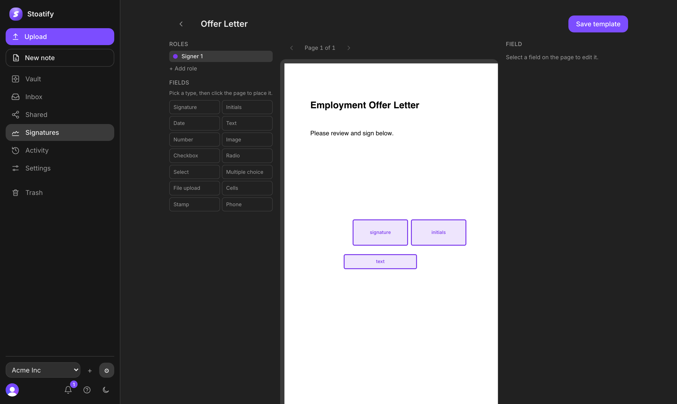 The Stoatify template builder: a roles list, a palette of field types, and a PDF page with signature, initials, and text fields placed on it