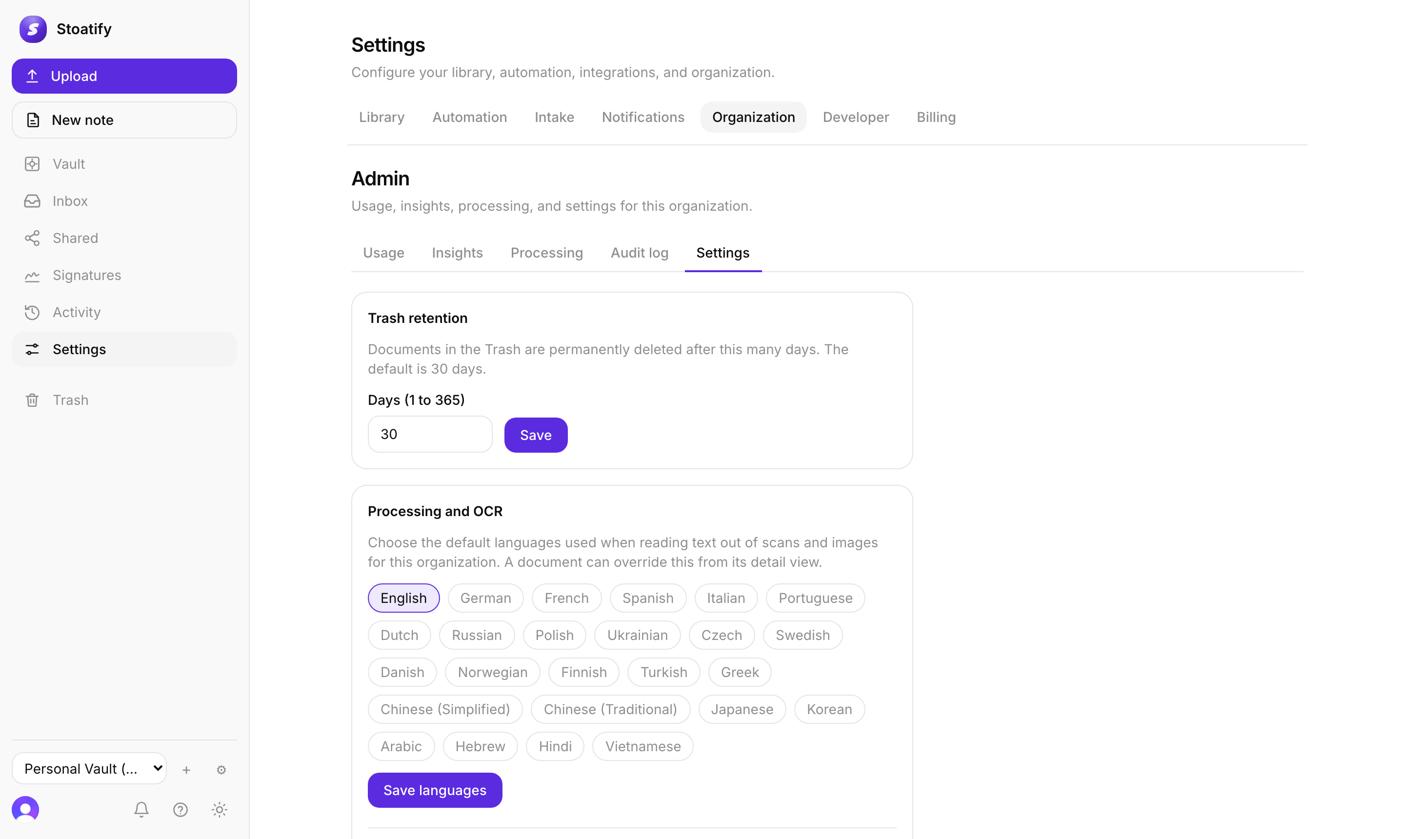 The Processing and OCR settings in Stoatify: a grid of language chips from English and German through Chinese, Japanese, Arabic and Hindi, with a Save languages button