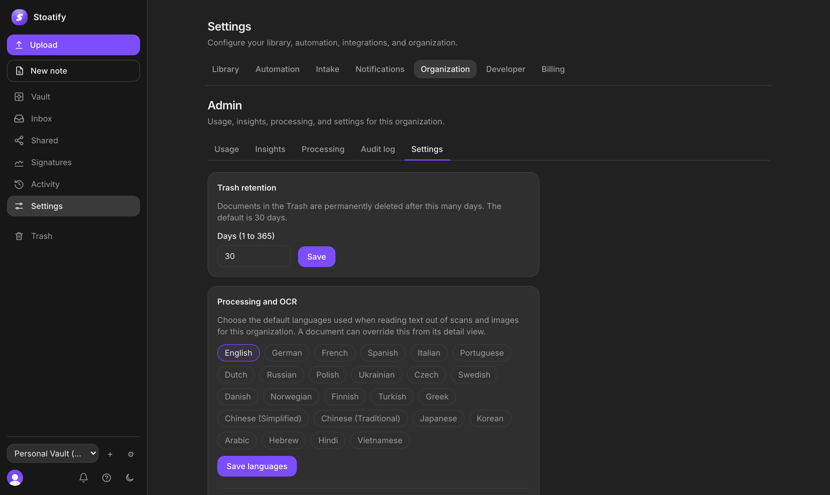 The Processing and OCR settings in Stoatify: a grid of language chips from English and German through Chinese, Japanese, Arabic and Hindi, with a Save languages button