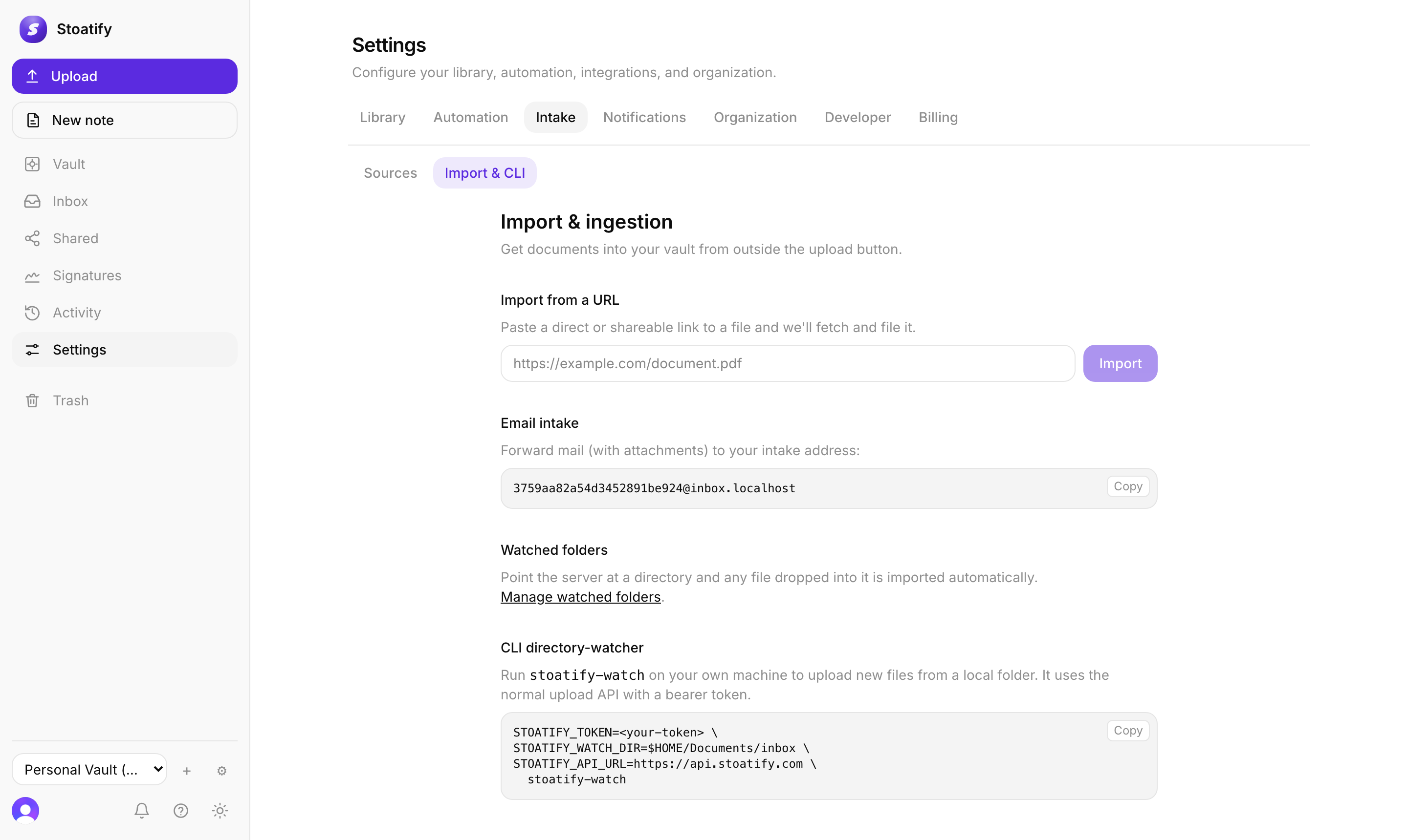 Import and ingestion settings in Stoatify: a private email intake address, IMAP, and watched folders