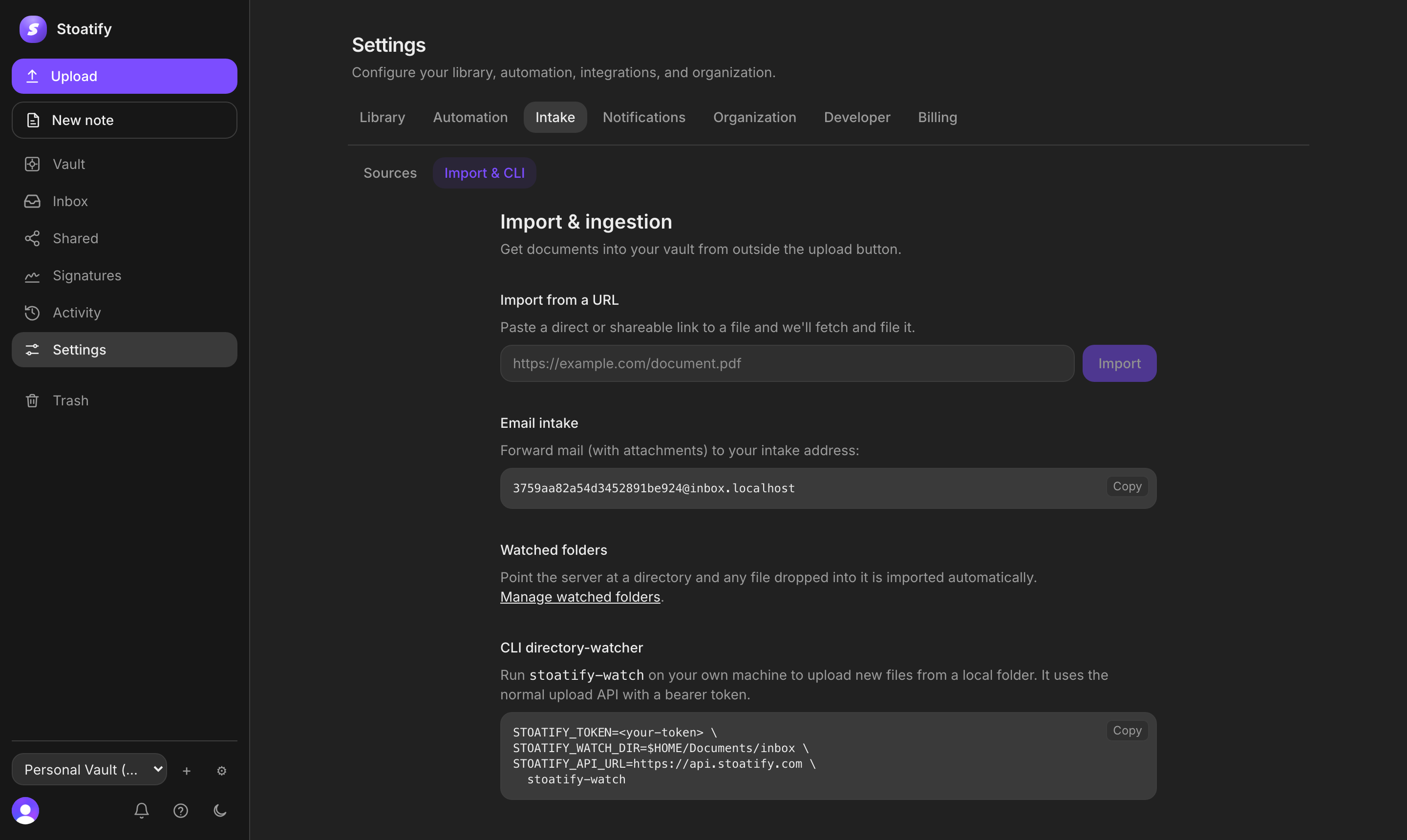 Import and ingestion settings in Stoatify: a private email intake address, IMAP, and watched folders