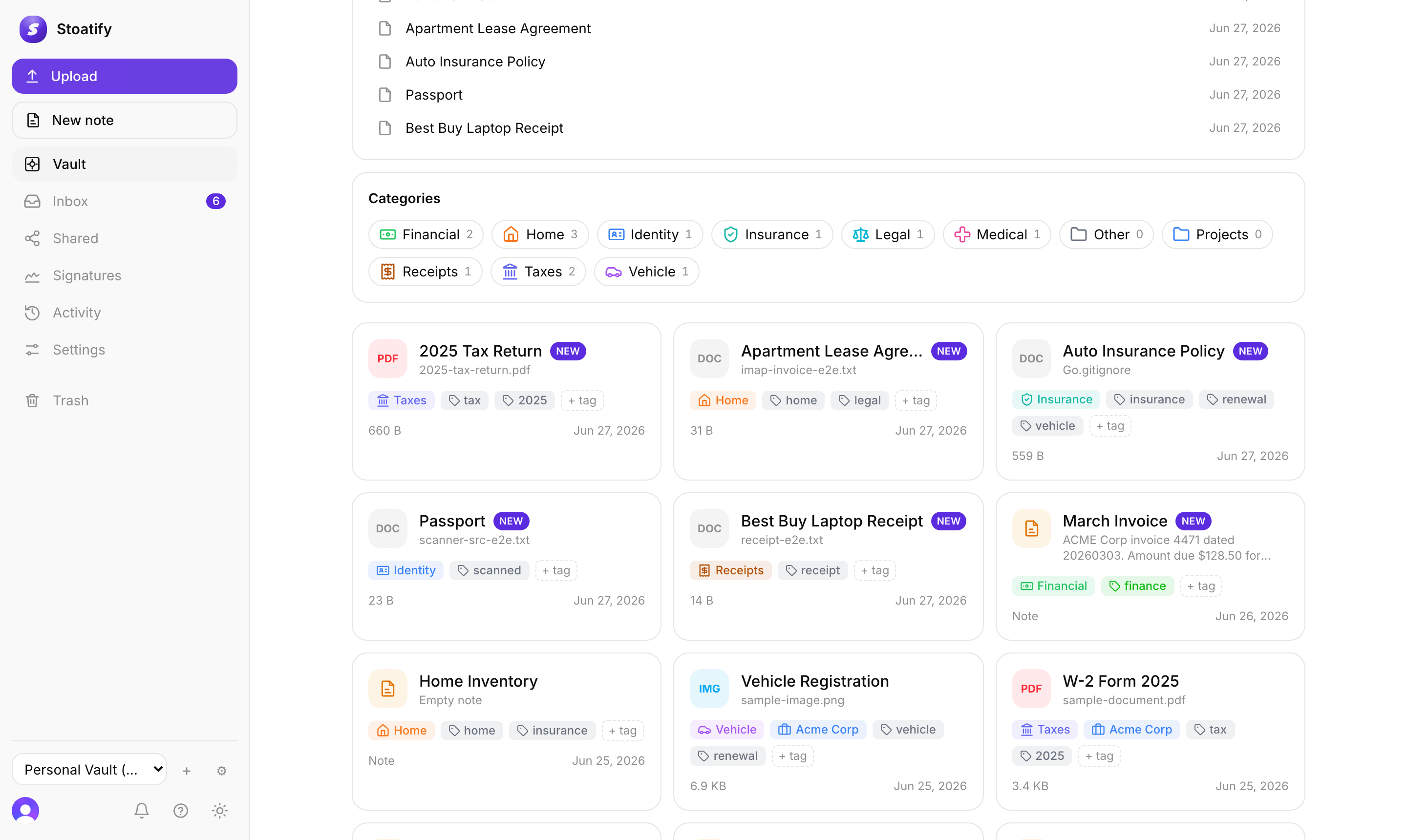 Documents grouped by category in Stoatify, each category color-coded with a live count