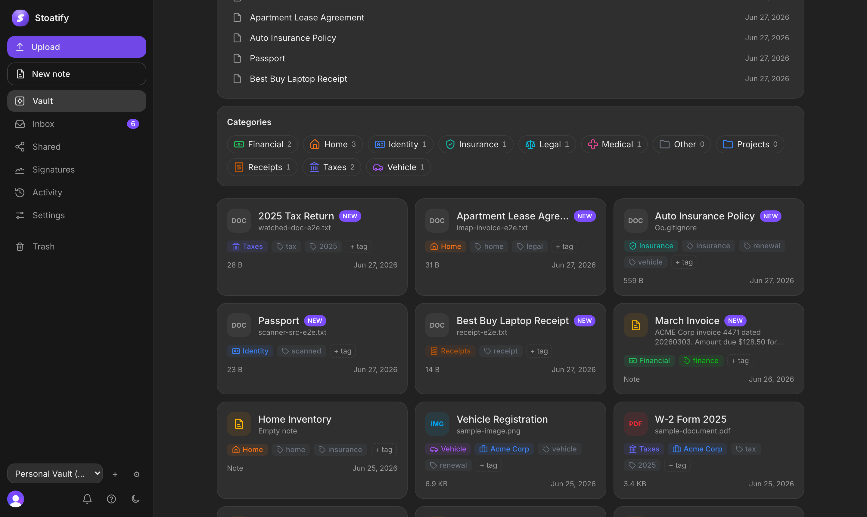 Documents grouped by category in Stoatify, each category color-coded with a live count