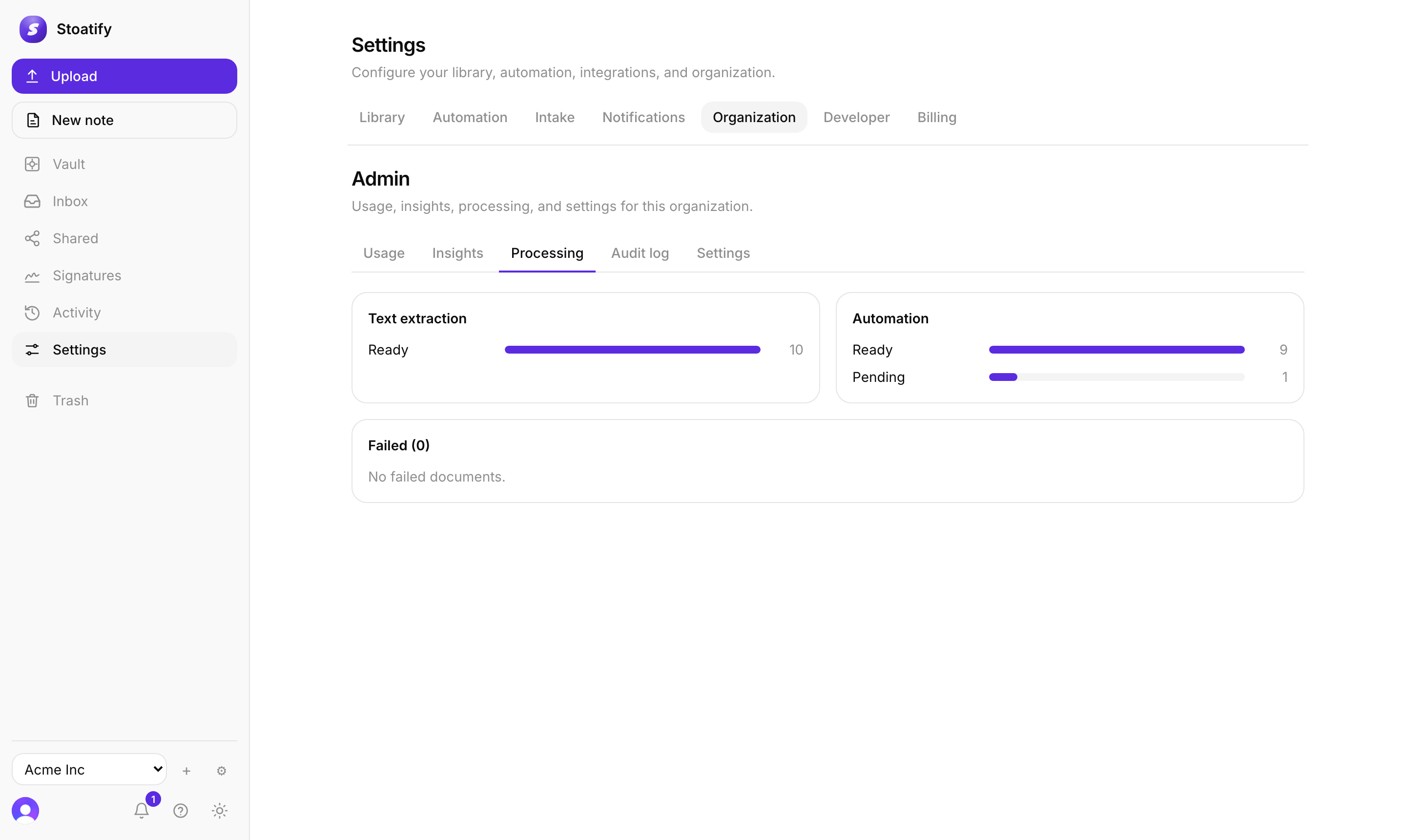 The Processing tab in Stoatify's admin: a Text extraction meter showing documents ready, an Automation meter, and a Failed section reading none