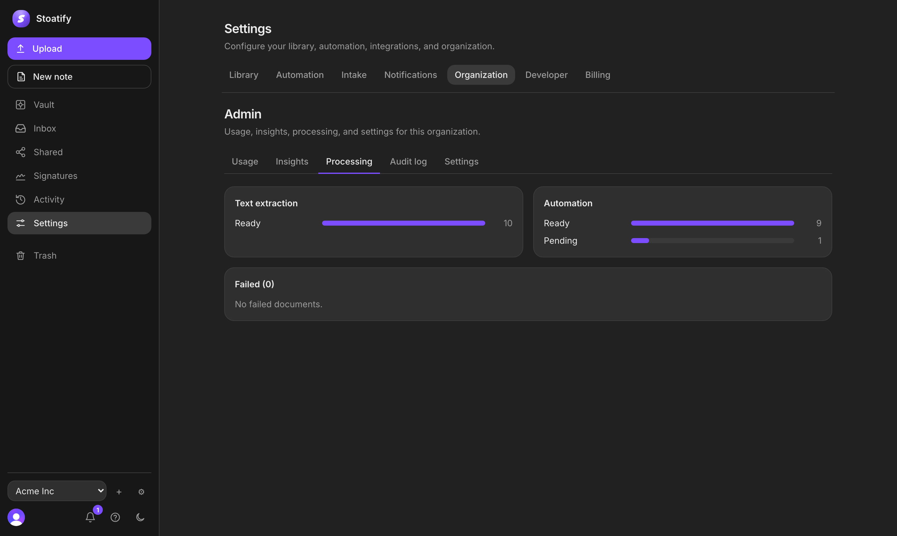 The Processing tab in Stoatify's admin: a Text extraction meter showing documents ready, an Automation meter, and a Failed section reading none