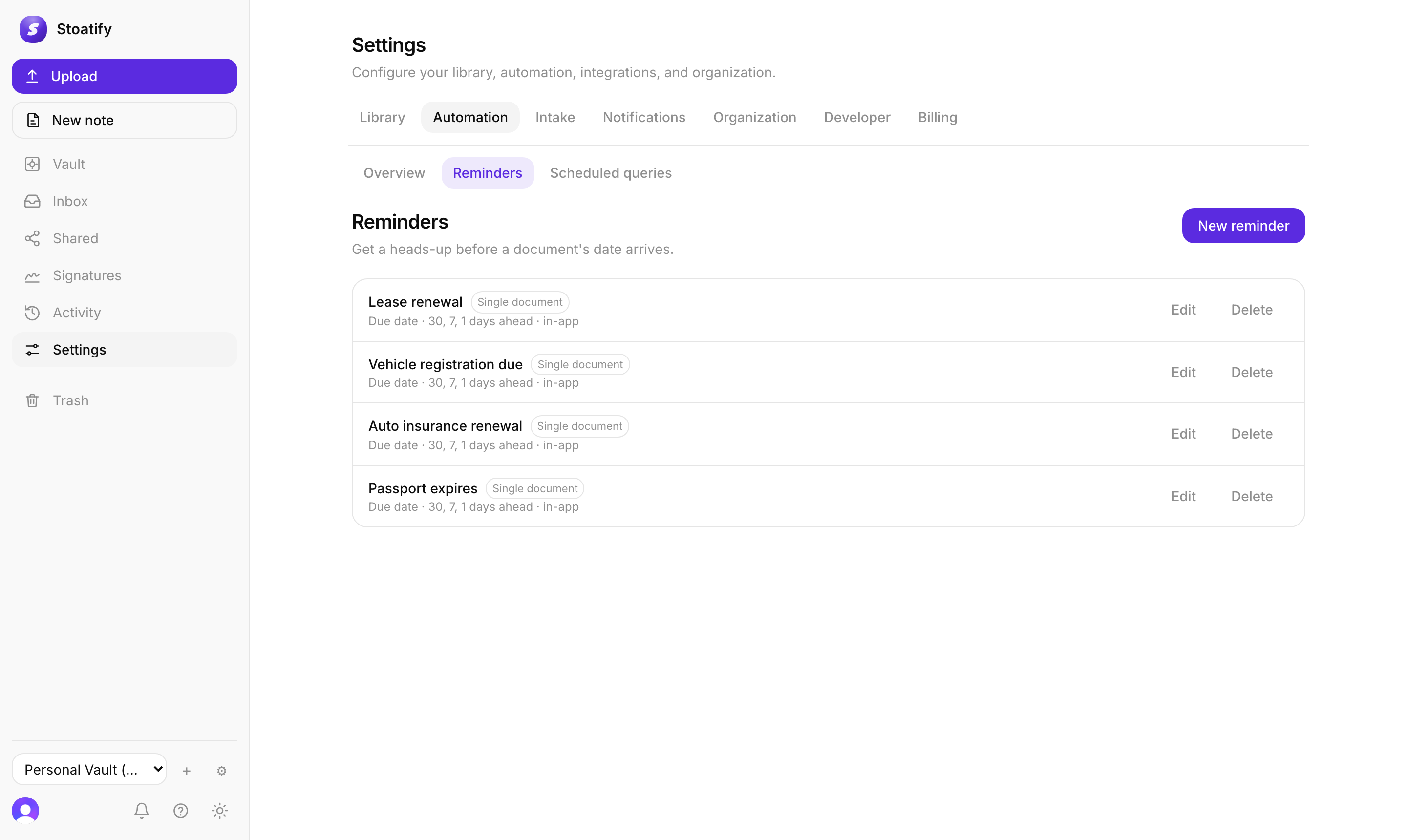 The Reminders list in Stoatify: lease renewal, vehicle registration, insurance, and passport reminders, each set to nudge 30, 7, and 1 day ahead in-app