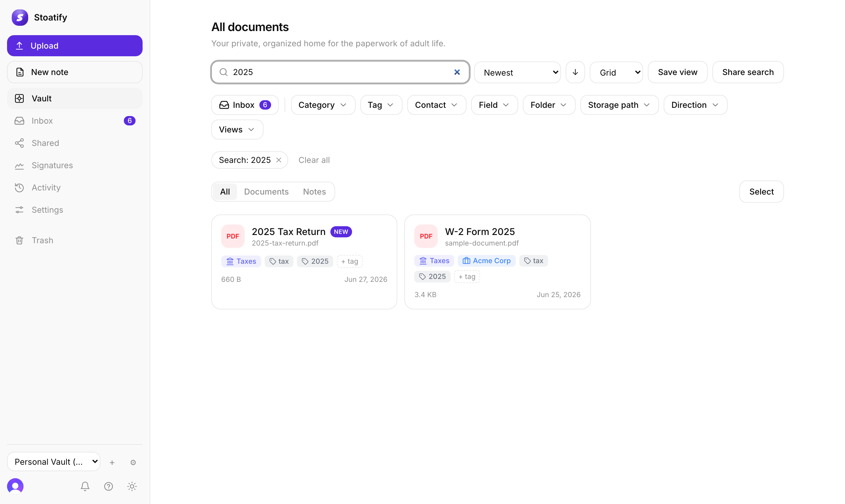 Search results in Stoatify: the query 2025 typed into the search bar, filter chips beneath it, and two matching documents