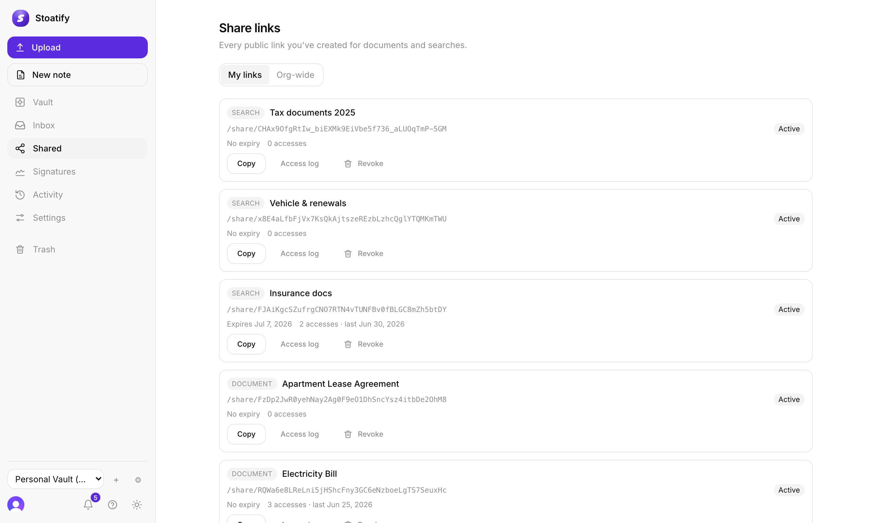 The Share links registry in Stoatify: search and document links, each with a URL, expiry, access count, and Copy, Access log, and Revoke buttons