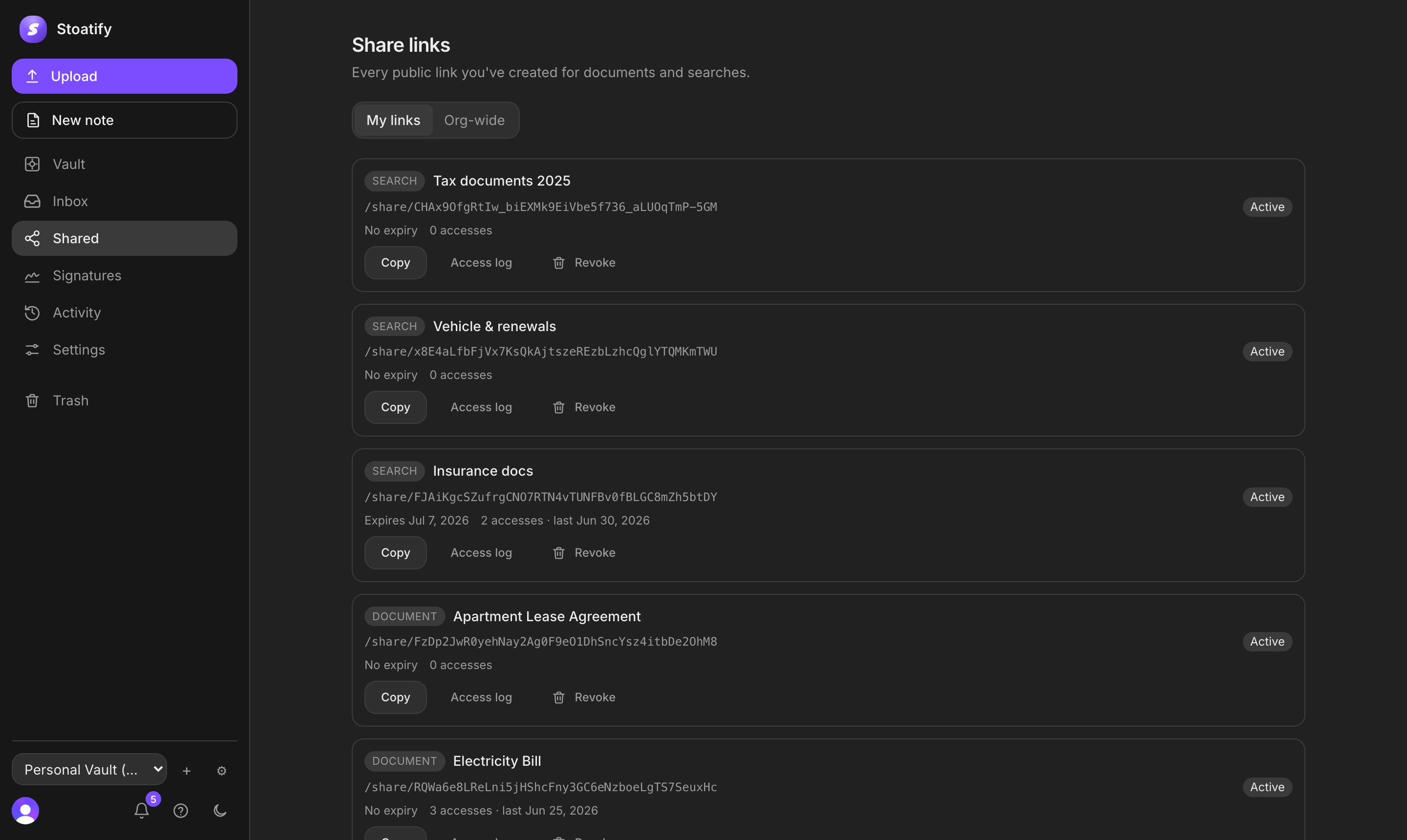 The Share links registry in Stoatify: search and document links, each with a URL, expiry, access count, and Copy, Access log, and Revoke buttons