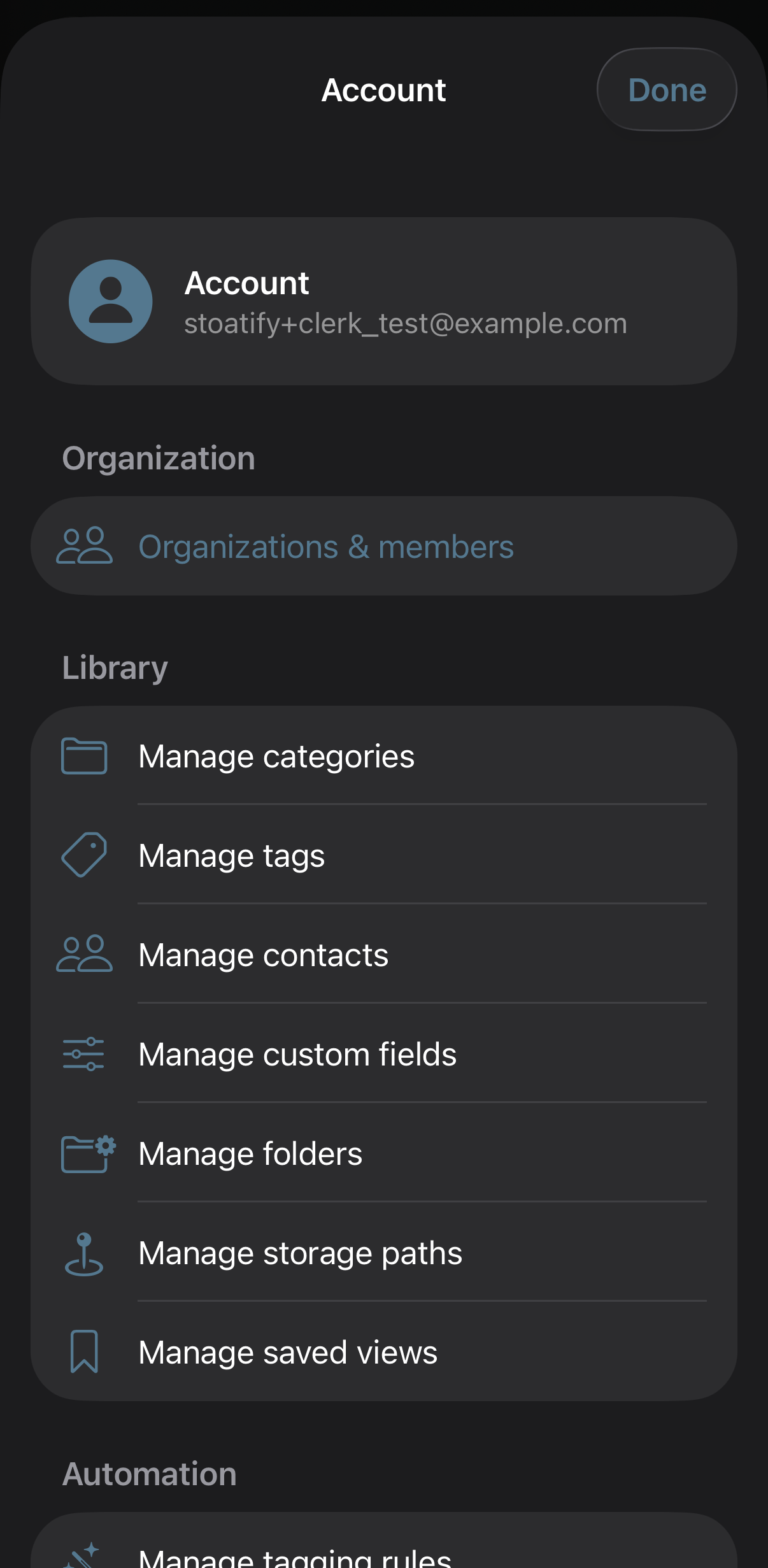 The account and settings screen in the Stoatify app, showing the signed-in account, organizations and members, and library settings