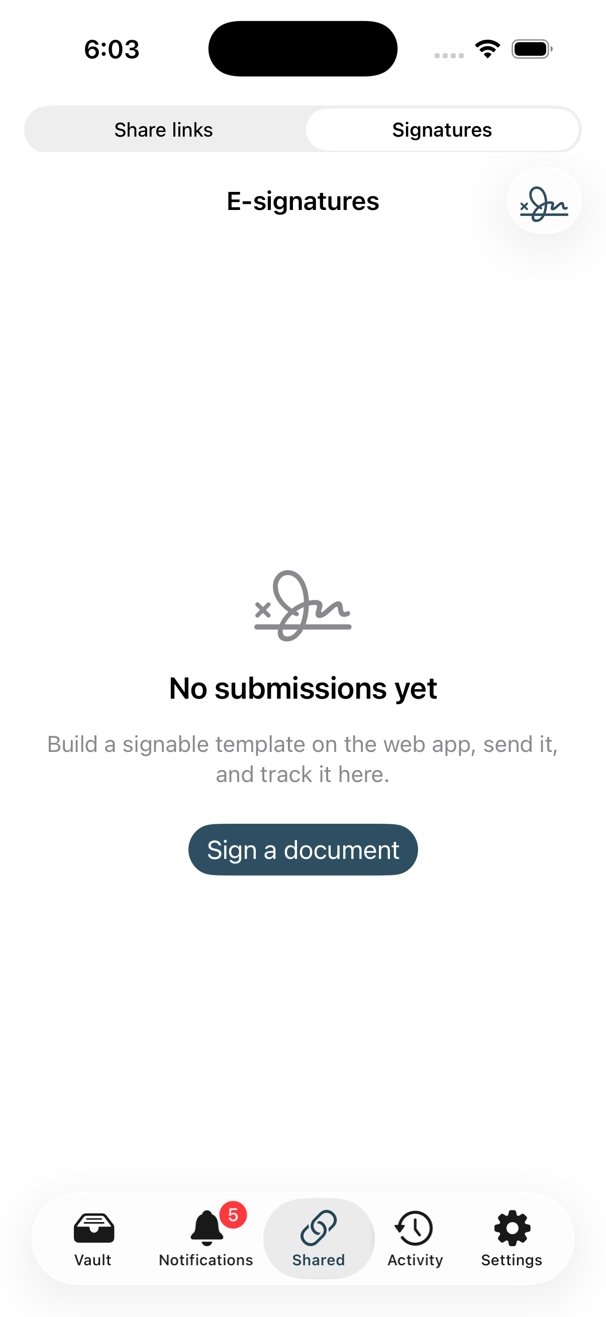 The E-signatures screen in the Stoatify iOS app, with a Sign a document button and a note that templates are built on the web app