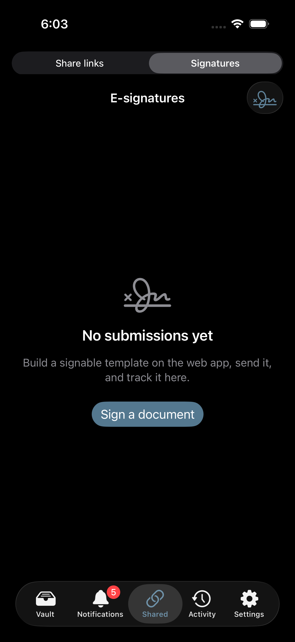 The E-signatures screen in the Stoatify iOS app, with a Sign a document button and a note that templates are built on the web app
