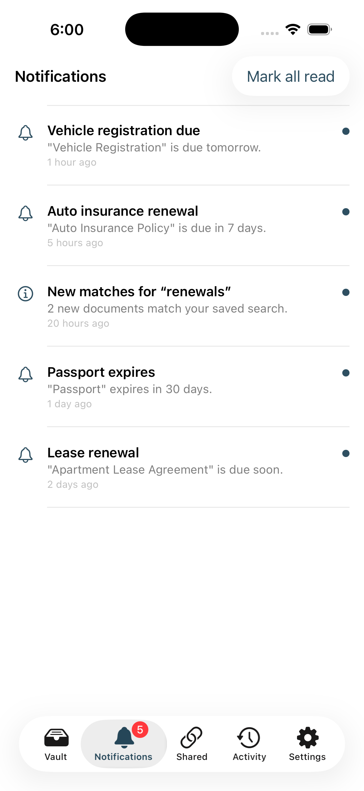 The notification inbox in the Stoatify iOS app: due-date nudges and a new-match digest, each with an unread dot