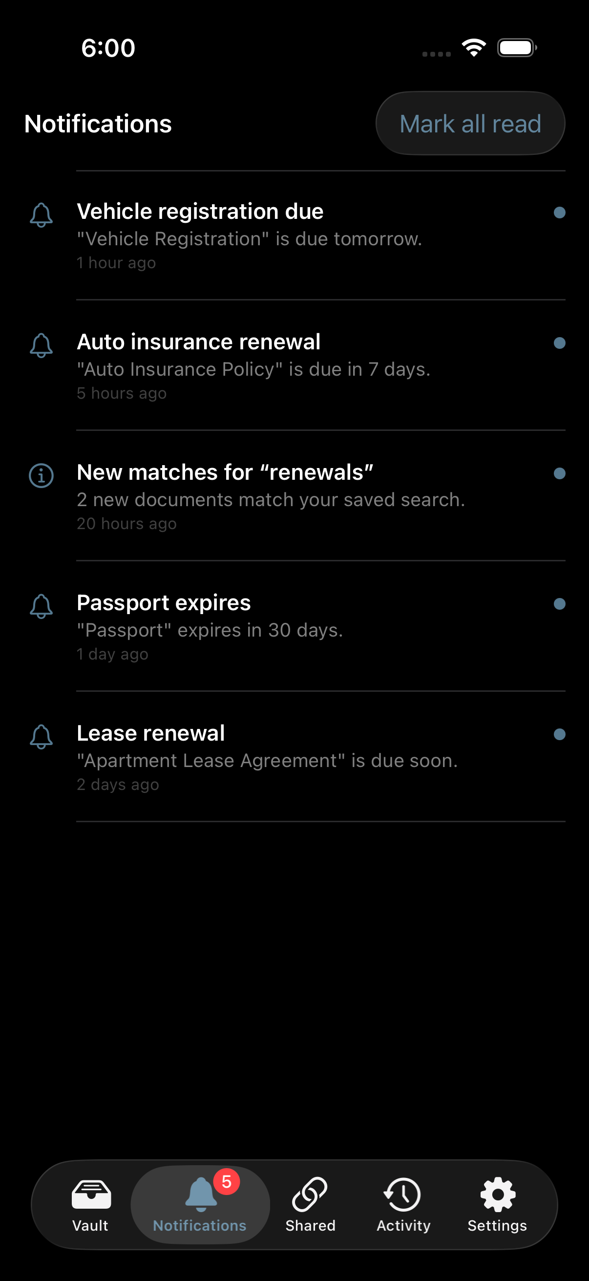 The notification inbox in the Stoatify iOS app: due-date nudges and a new-match digest, each with an unread dot
