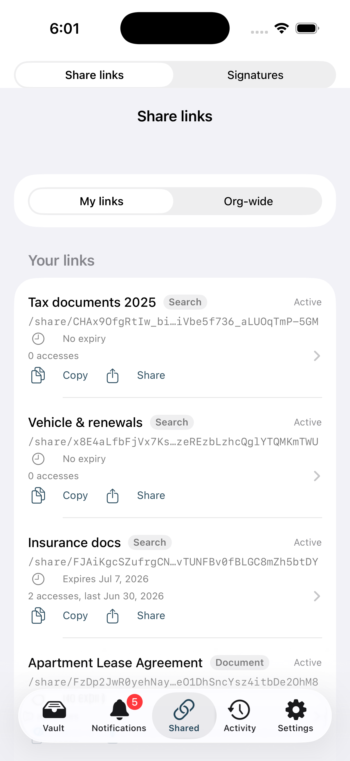 The share links registry in the Stoatify iOS app, with My links and Org-wide tabs and several links
