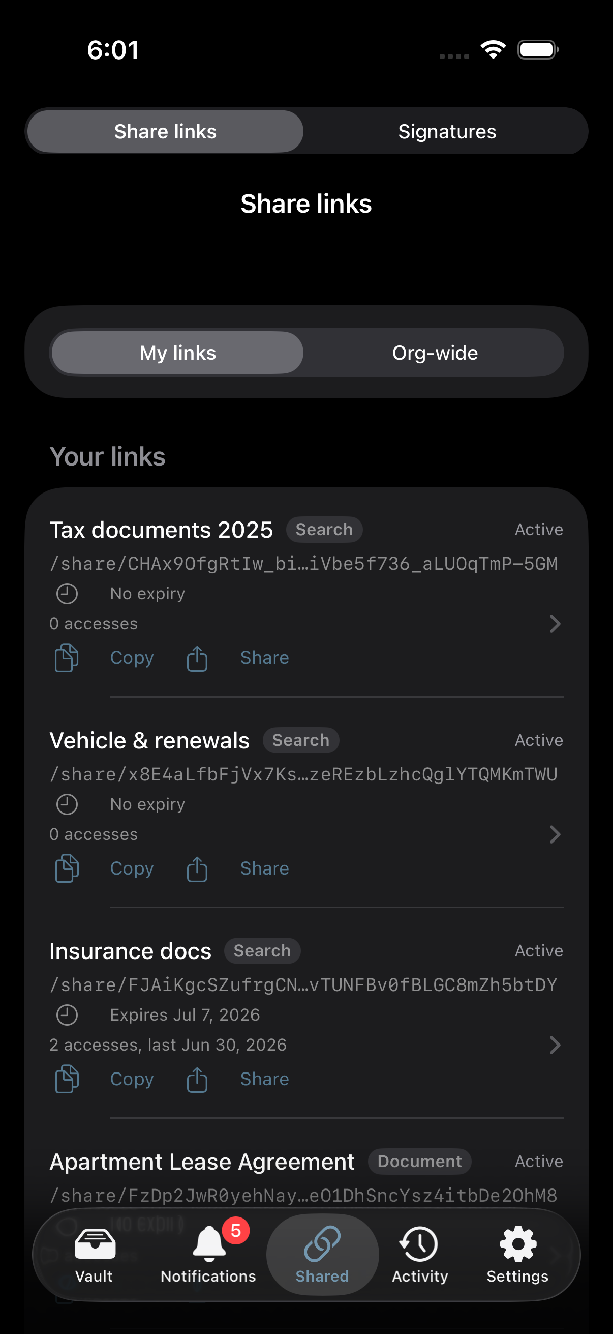 The share links registry in the Stoatify iOS app, with My links and Org-wide tabs and several links
