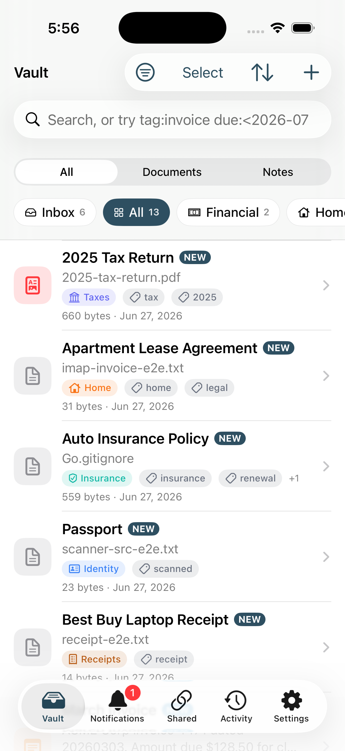 The document vault in the Stoatify iOS app, with search, category filters, and a list of documents