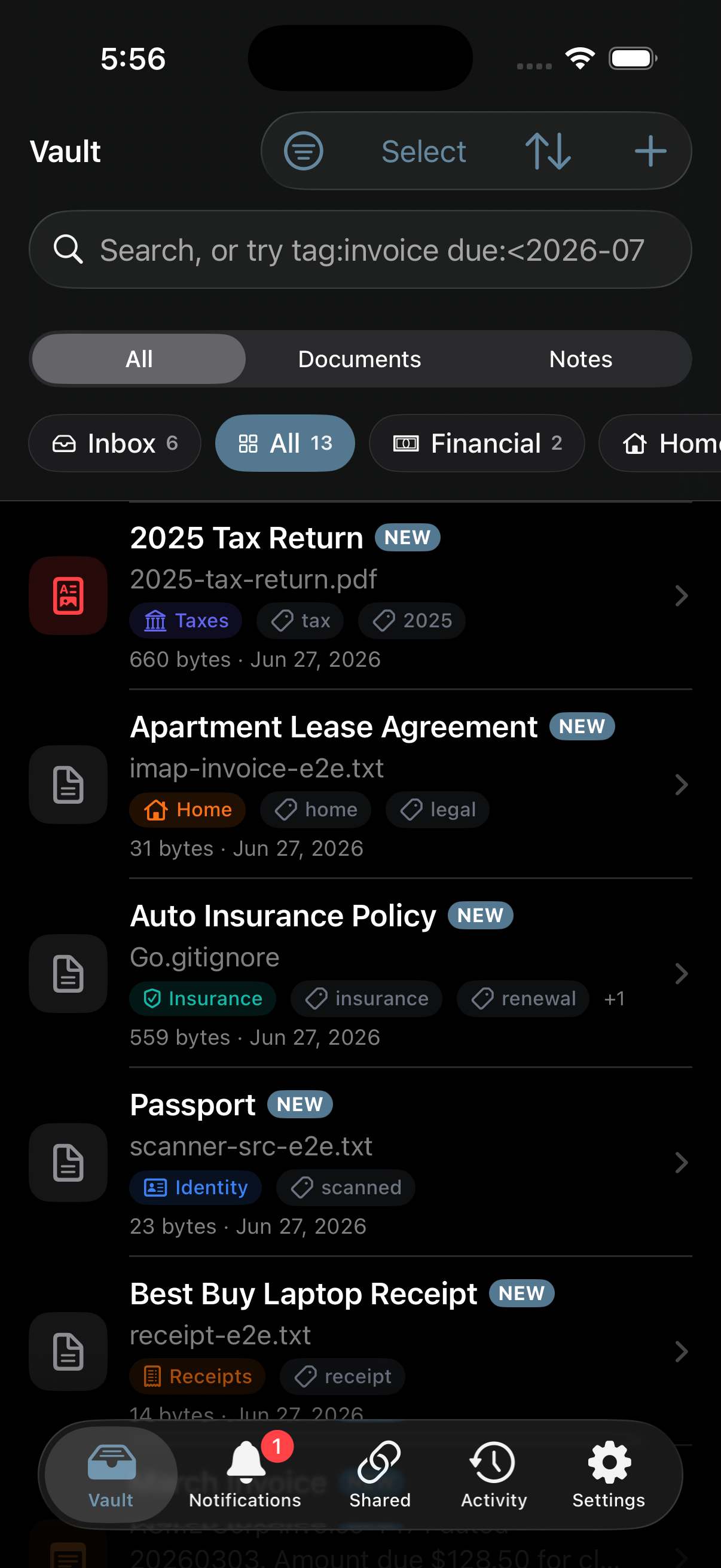 The document vault in the Stoatify iOS app, with search, category filters, and a list of documents